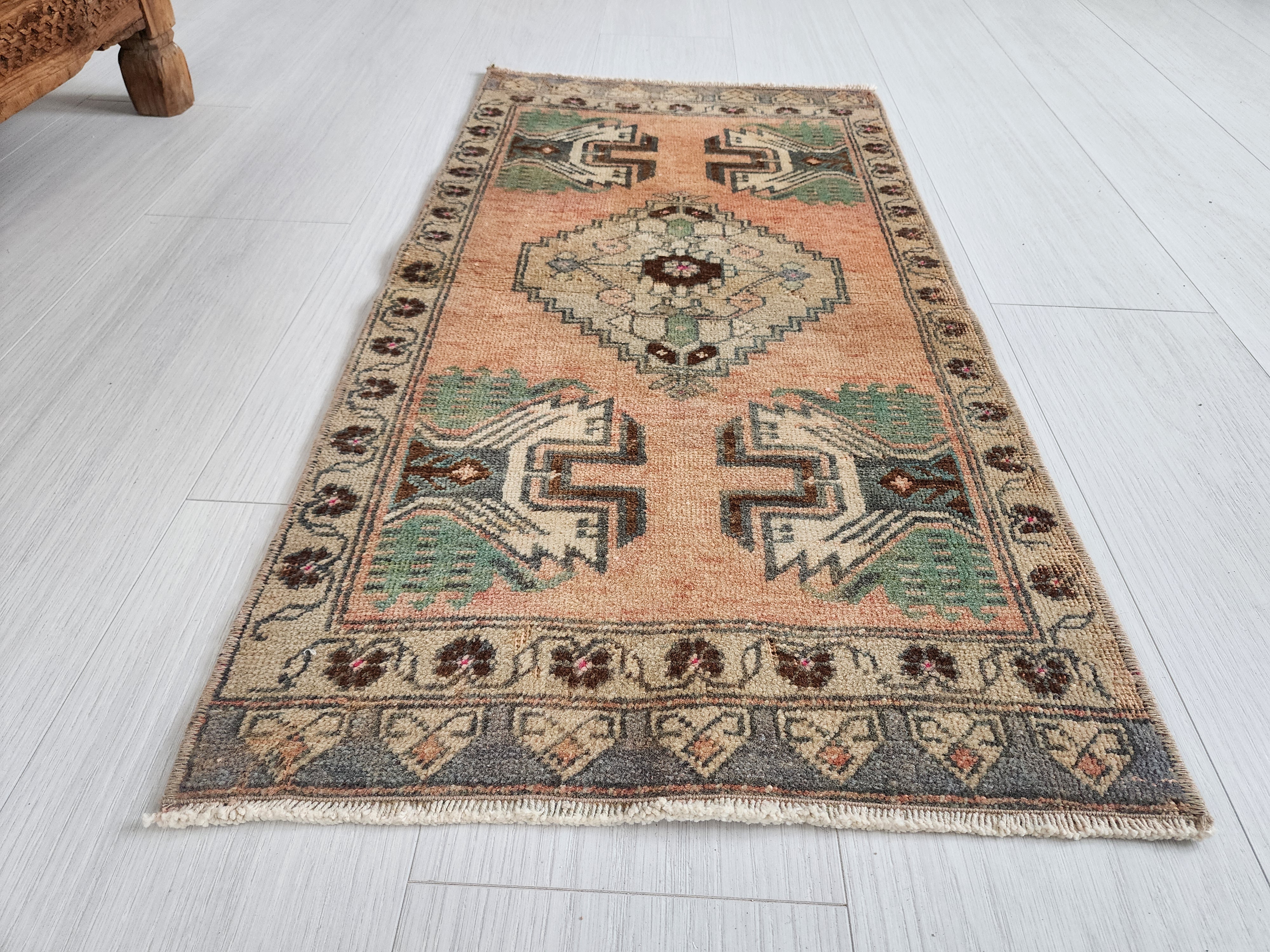 Antique Anatolian Rug with Geometric Motifs and Faded Charm, 3'2''x1'6''