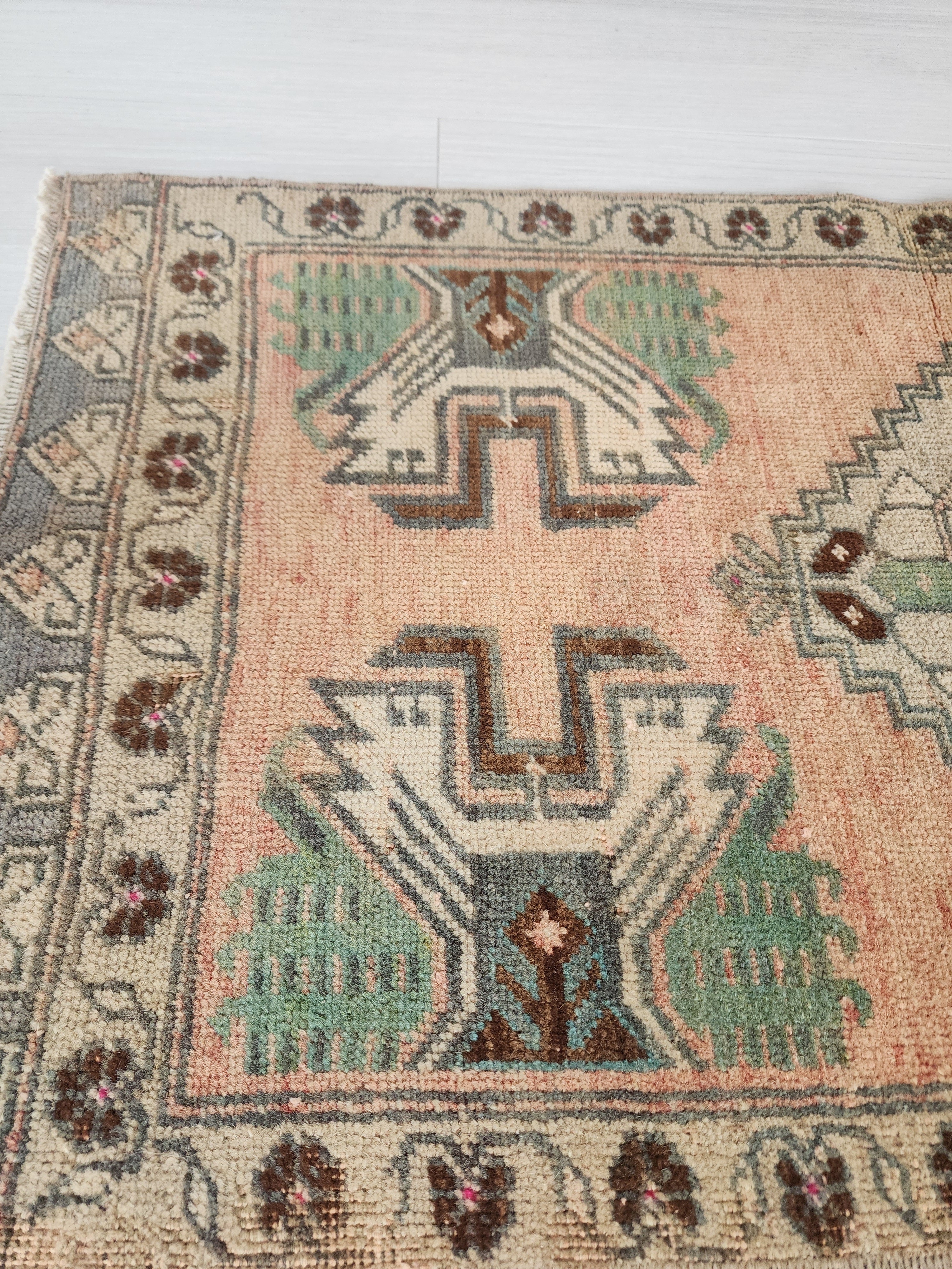 Antique Anatolian Rug with Geometric Motifs and Faded Charm, 3'2''x1'6''