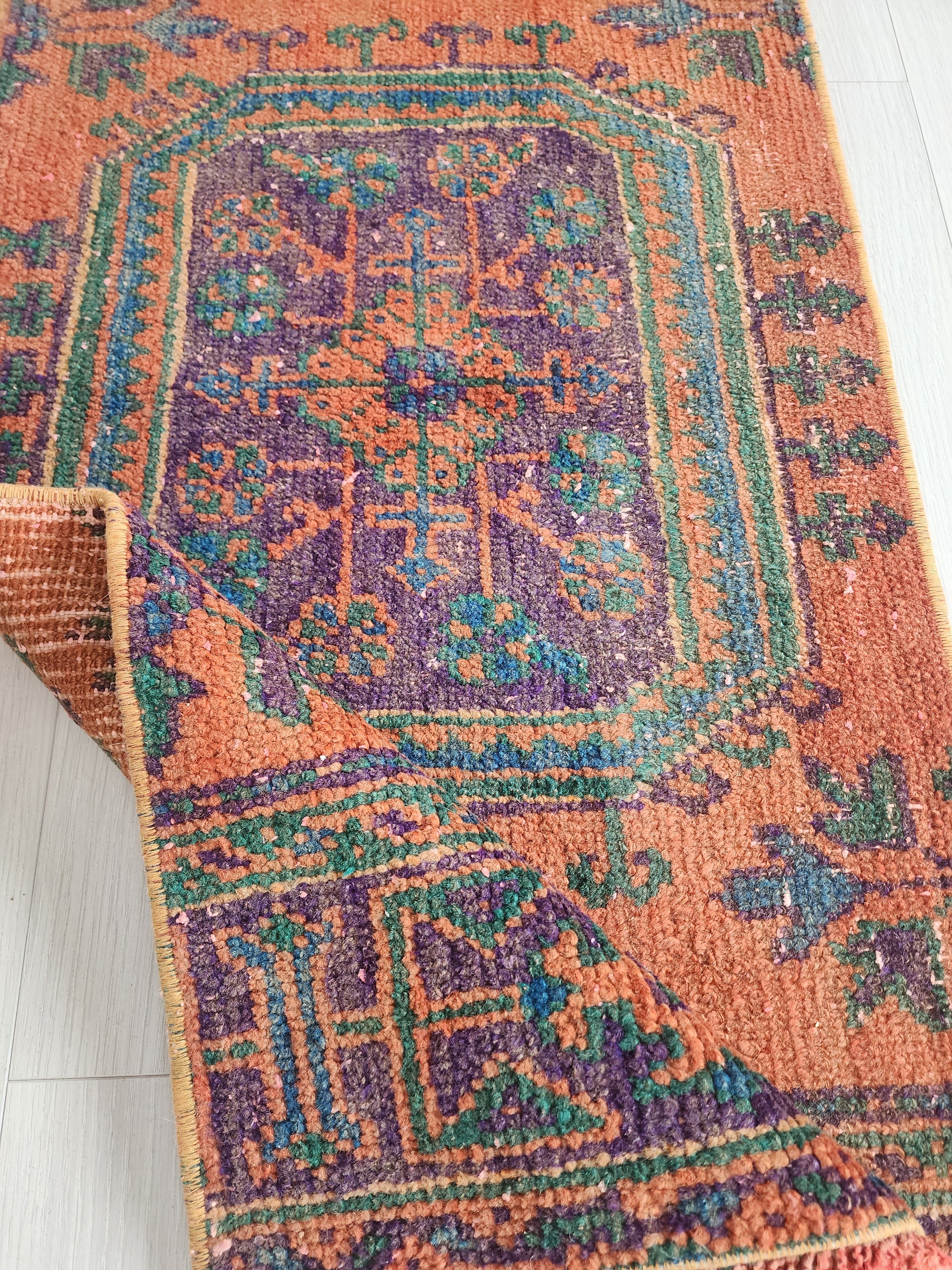 Small Turkish Rug, 4 ft 4 in x 2 ft, Apricot Orange and Teal Green Vintage Faded Distressed Door Mat