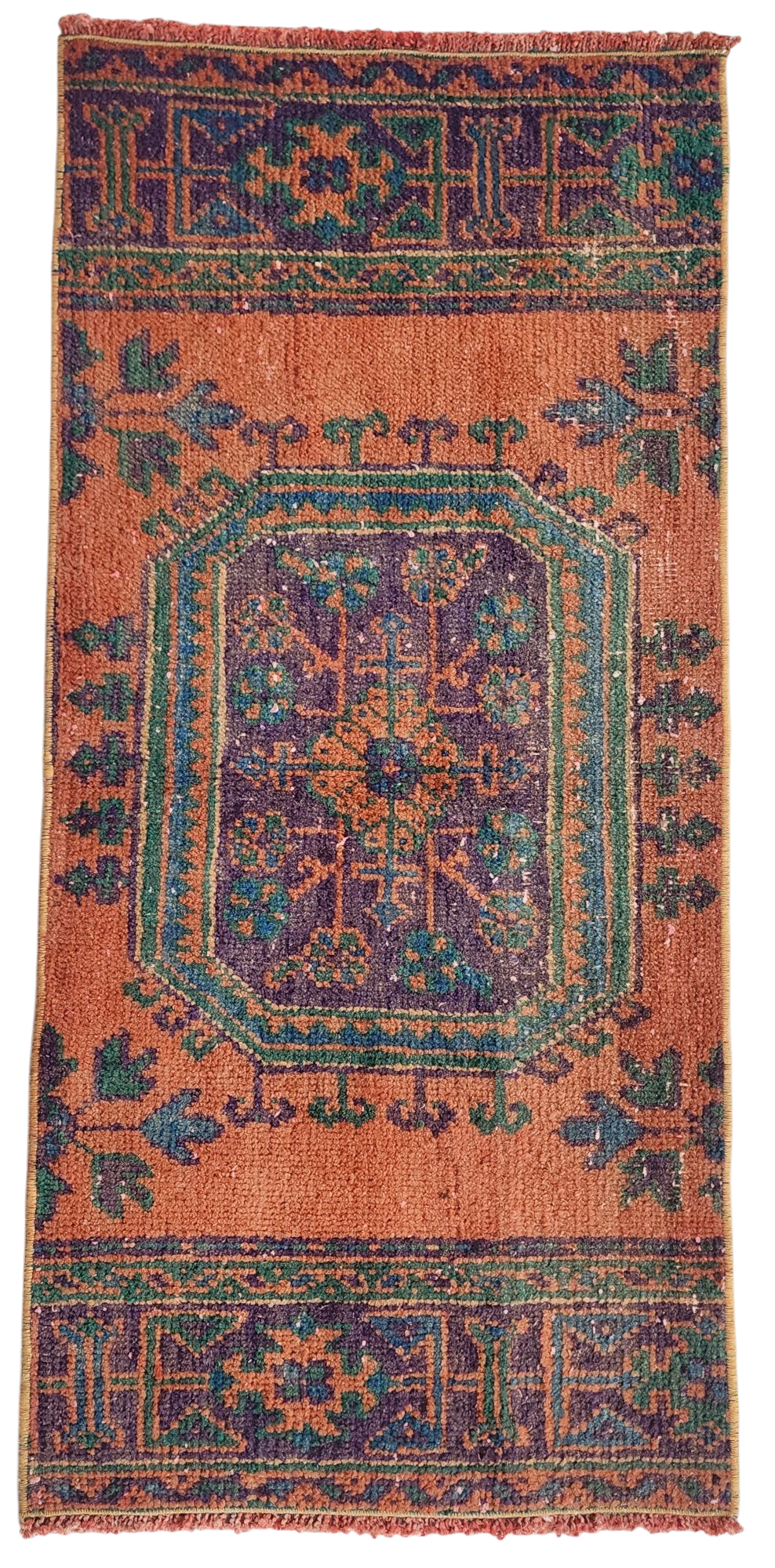 Small Turkish Rug, 4 ft 4 in x 2 ft, Apricot Orange and Teal Green Vintage Faded Distressed Door Mat