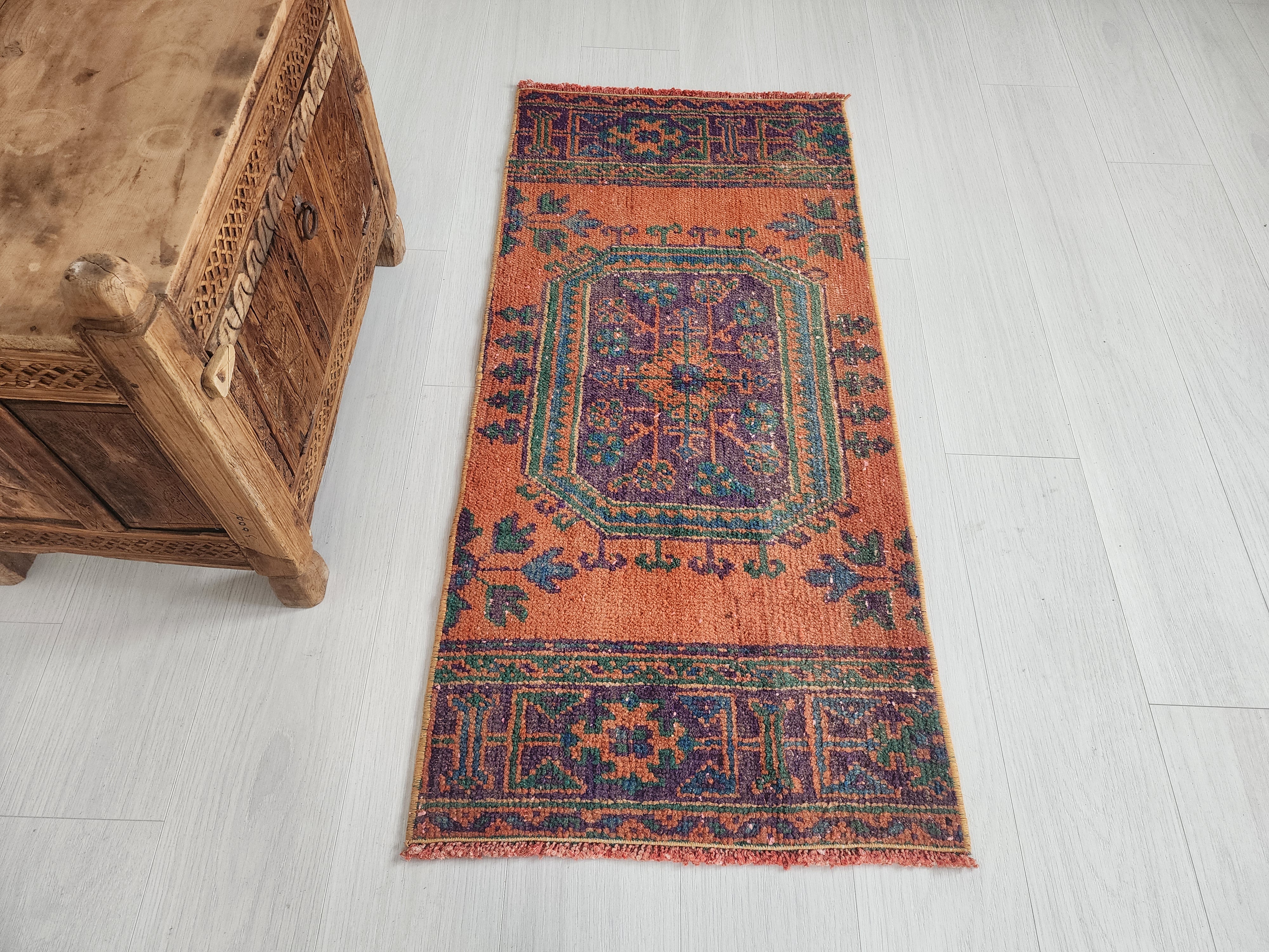 Small Turkish Rug, 4 ft 4 in x 2 ft, Apricot Orange and Teal Green Vintage Faded Distressed Door Mat