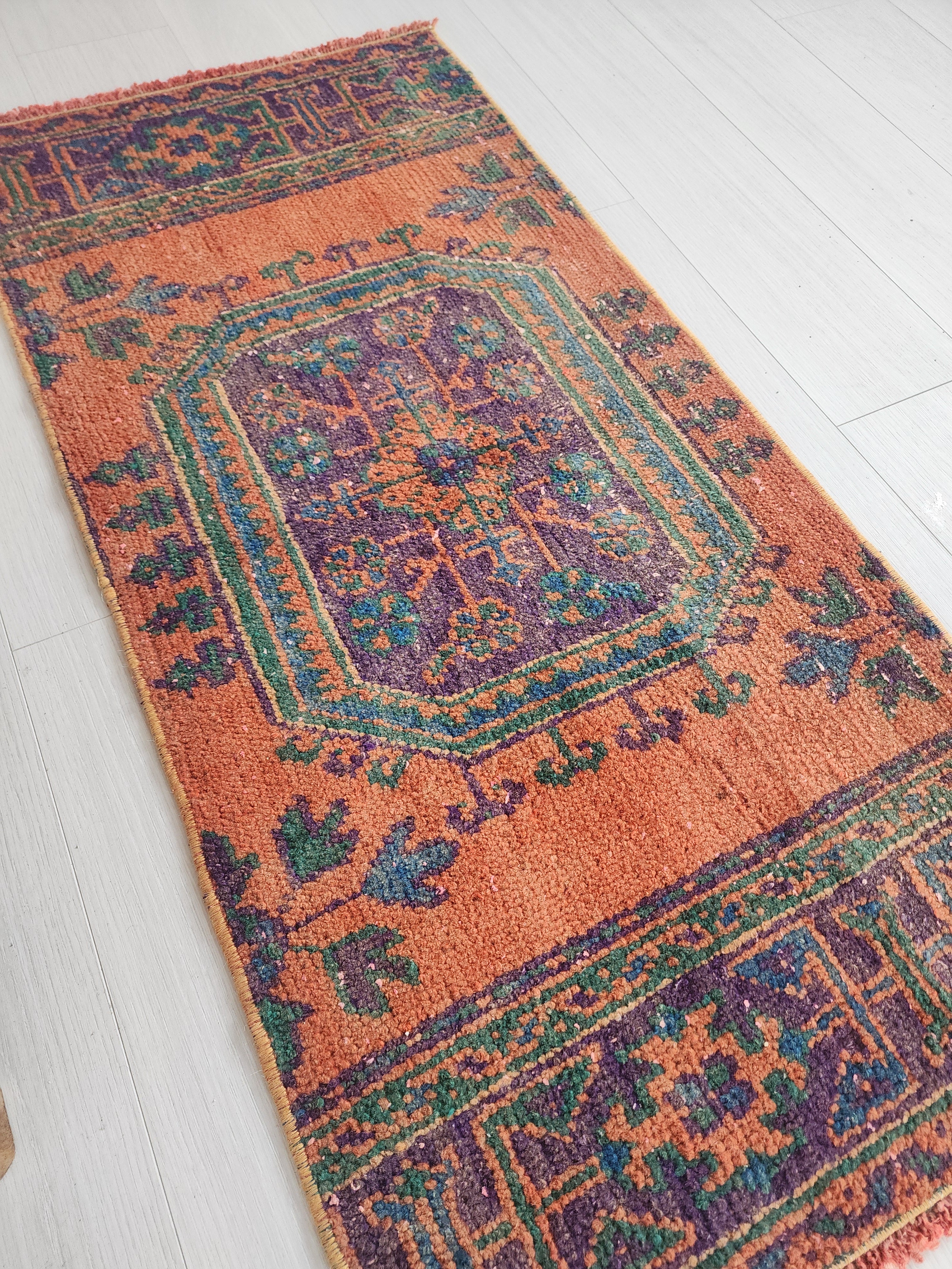 Small Turkish Rug, 4 ft 4 in x 2 ft, Apricot Orange and Teal Green Vintage Faded Distressed Door Mat