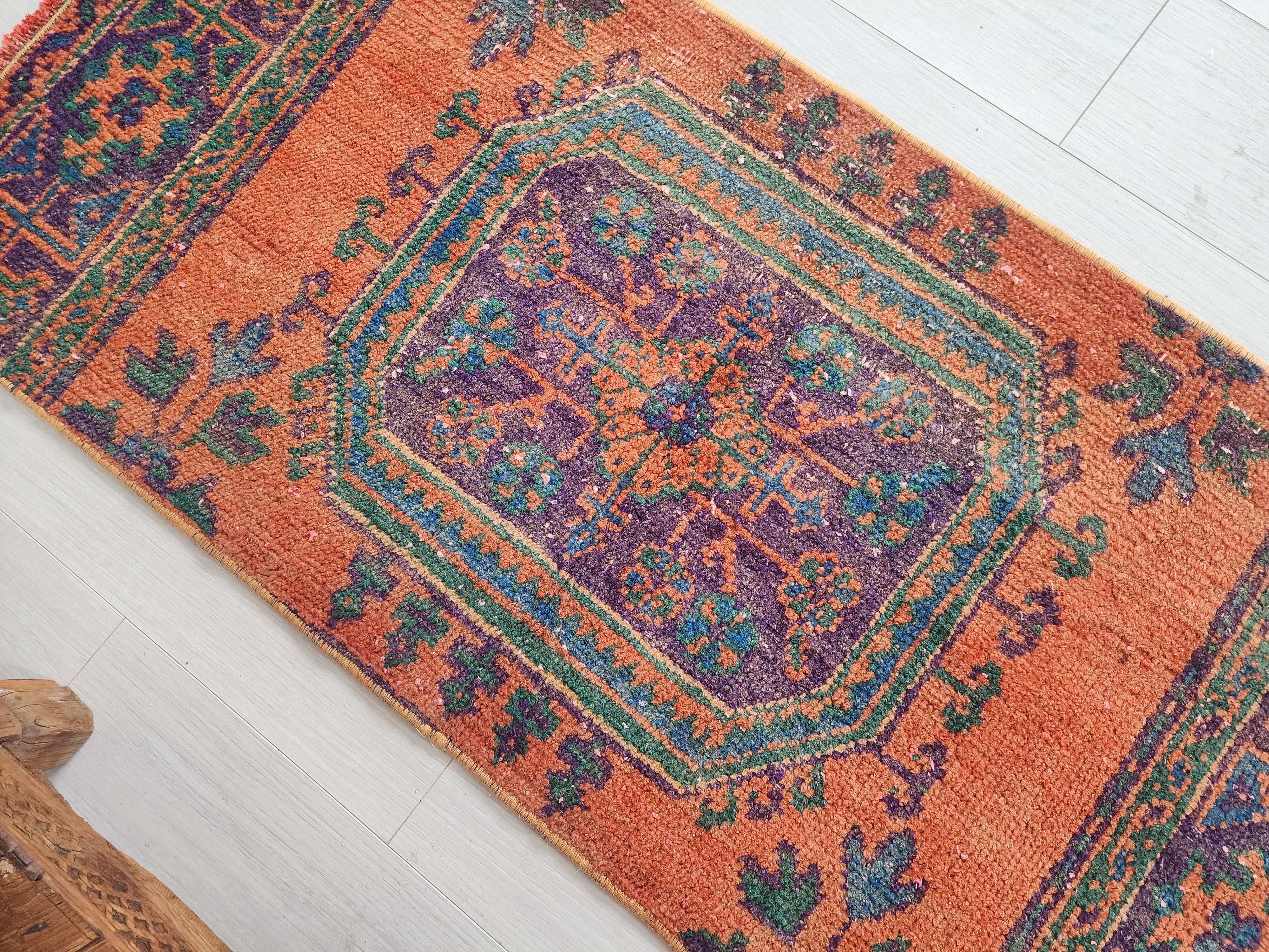 Small Turkish Rug, 4 ft 4 in x 2 ft, Apricot Orange and Teal Green Vintage Faded Distressed Door Mat