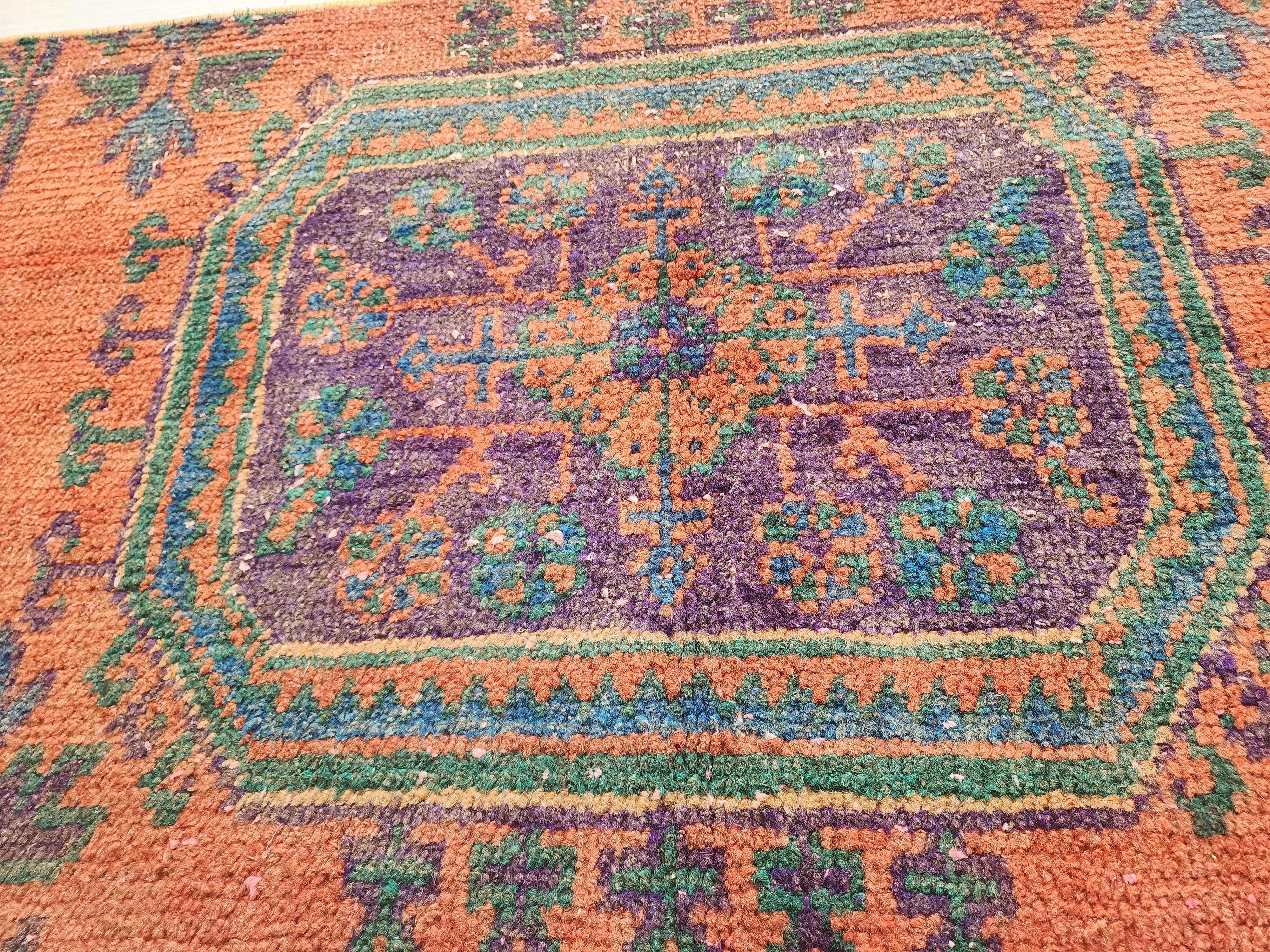 Small Turkish Rug, 4 ft 4 in x 2 ft, Apricot Orange and Teal Green Vintage Faded Distressed Door Mat