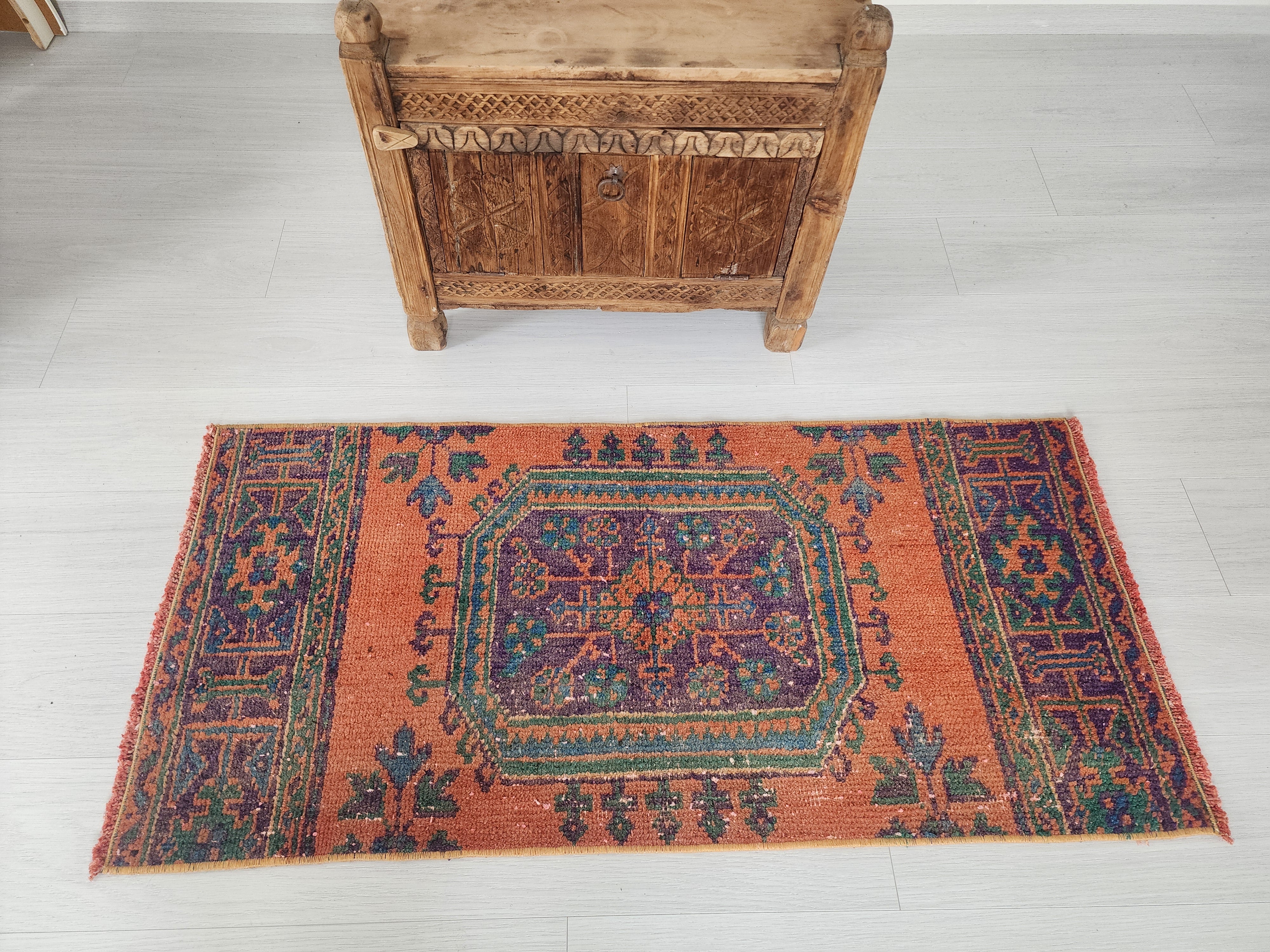 Small Turkish Rug, 4 ft 4 in x 2 ft, Apricot Orange and Teal Green Vintage Faded Distressed Door Mat