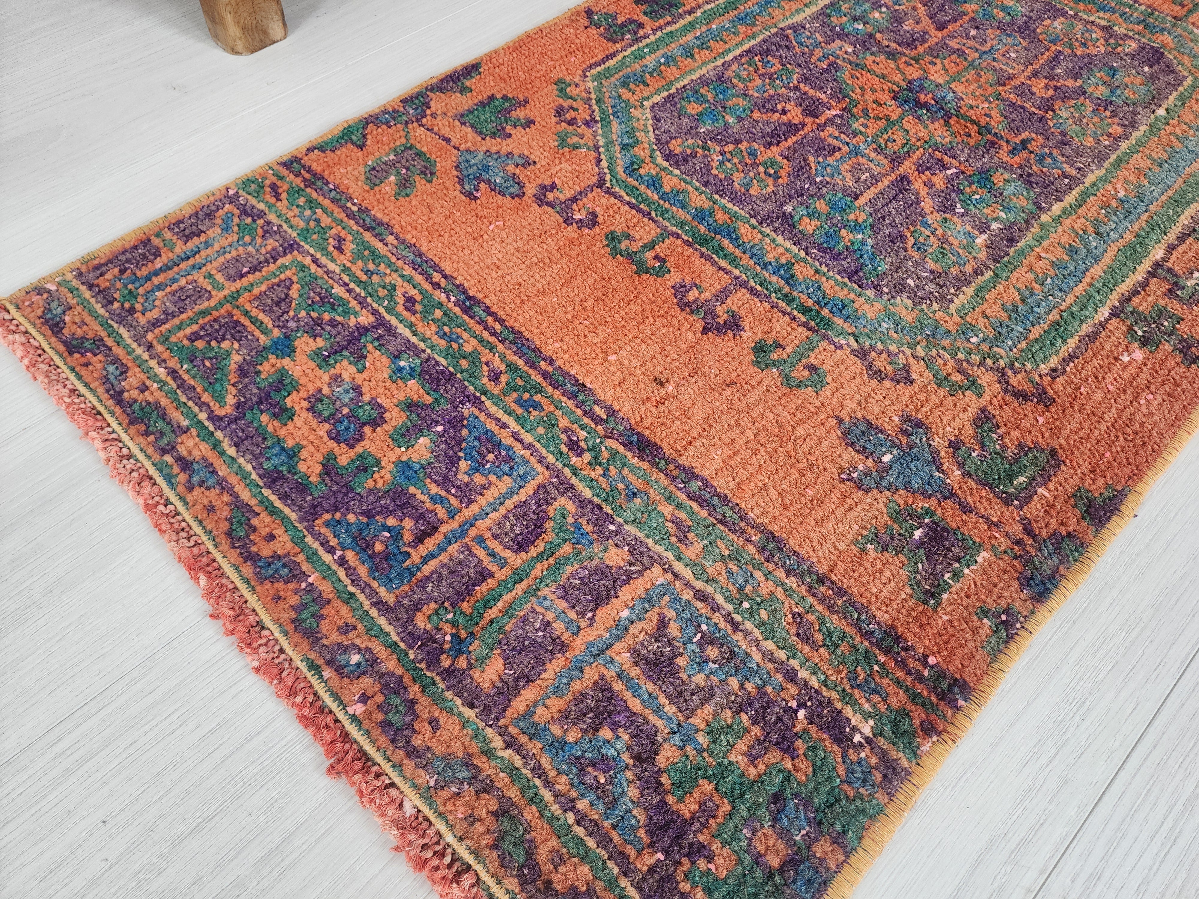 Small Turkish Rug, 4 ft 4 in x 2 ft, Apricot Orange and Teal Green Vintage Faded Distressed Door Mat