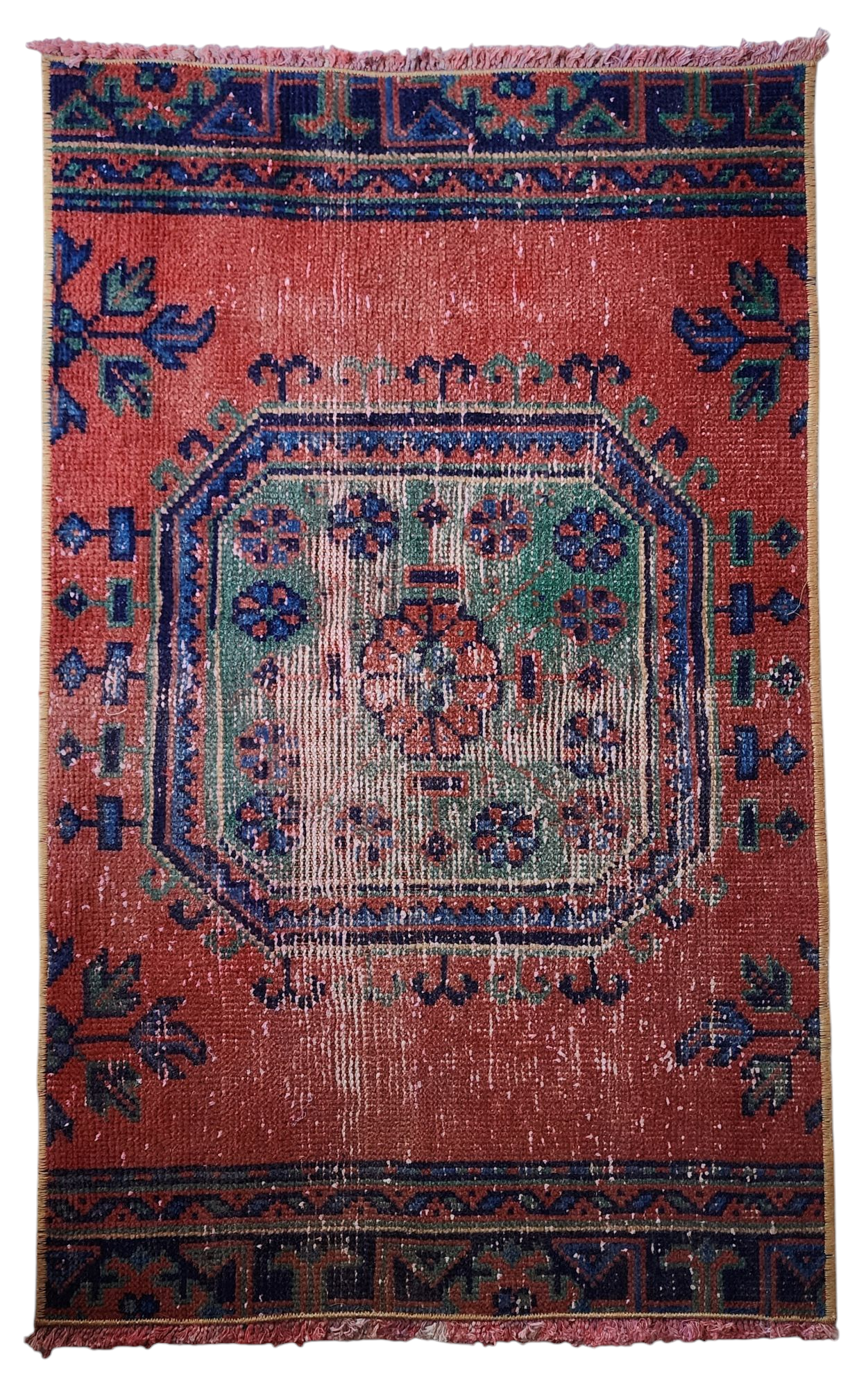 Small Turkish Rug, 3 ft 5 in x 2 ft 1 in, Apricot Orange and Teal Green / Grey Vintage Faded Distressed Door Mat