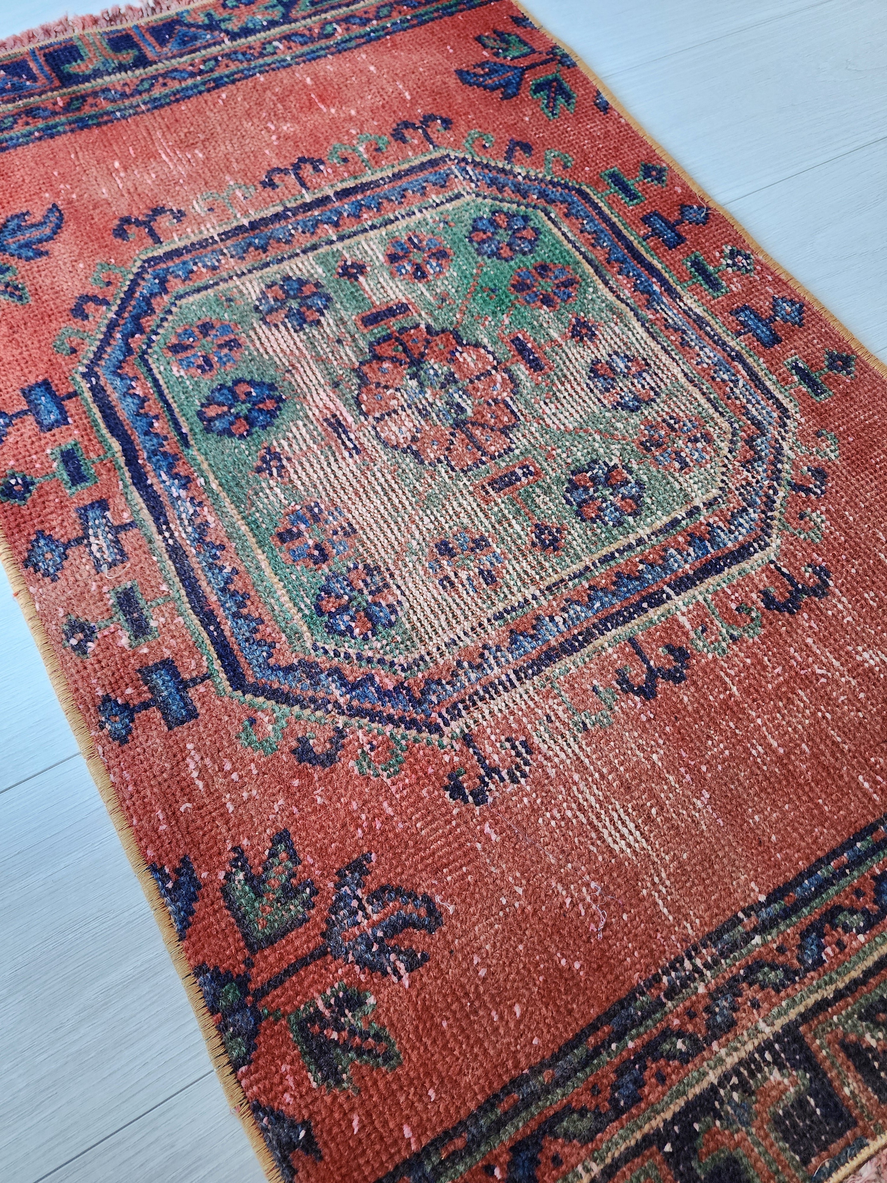 Small Turkish Rug, 3 ft 5 in x 2 ft 1 in, Apricot Orange and Teal Green / Grey Vintage Faded Distressed Door Mat