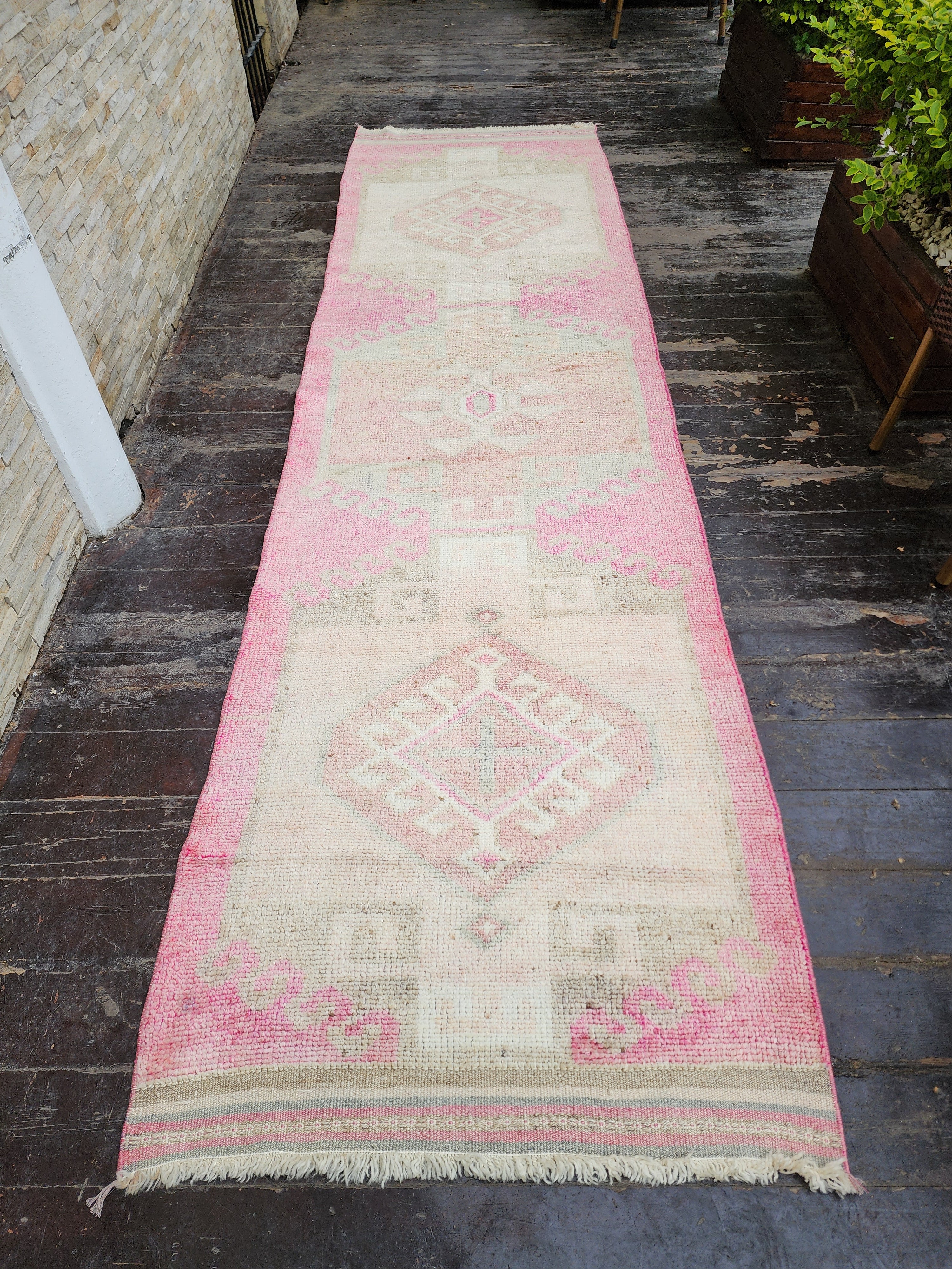 Tapis de couloir Oushak turc pâle 11'10''x3'3''