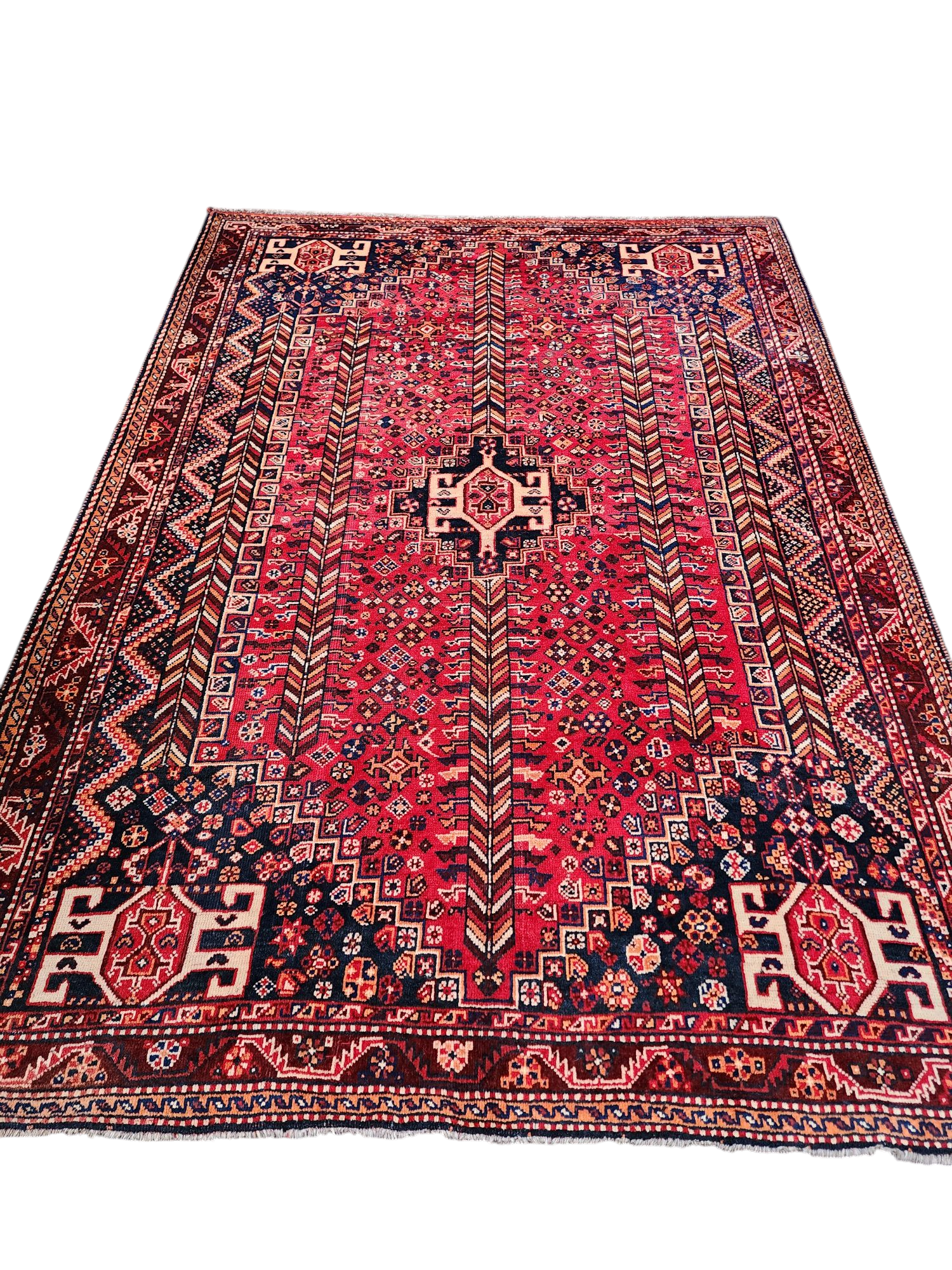 Red and Blue Antique Persian Area Rug 8 x 6 ft Vintage Turkish Tribal Natural Wool Rug, Recycled Oriental Design Rustic Bohemian Floor Rug