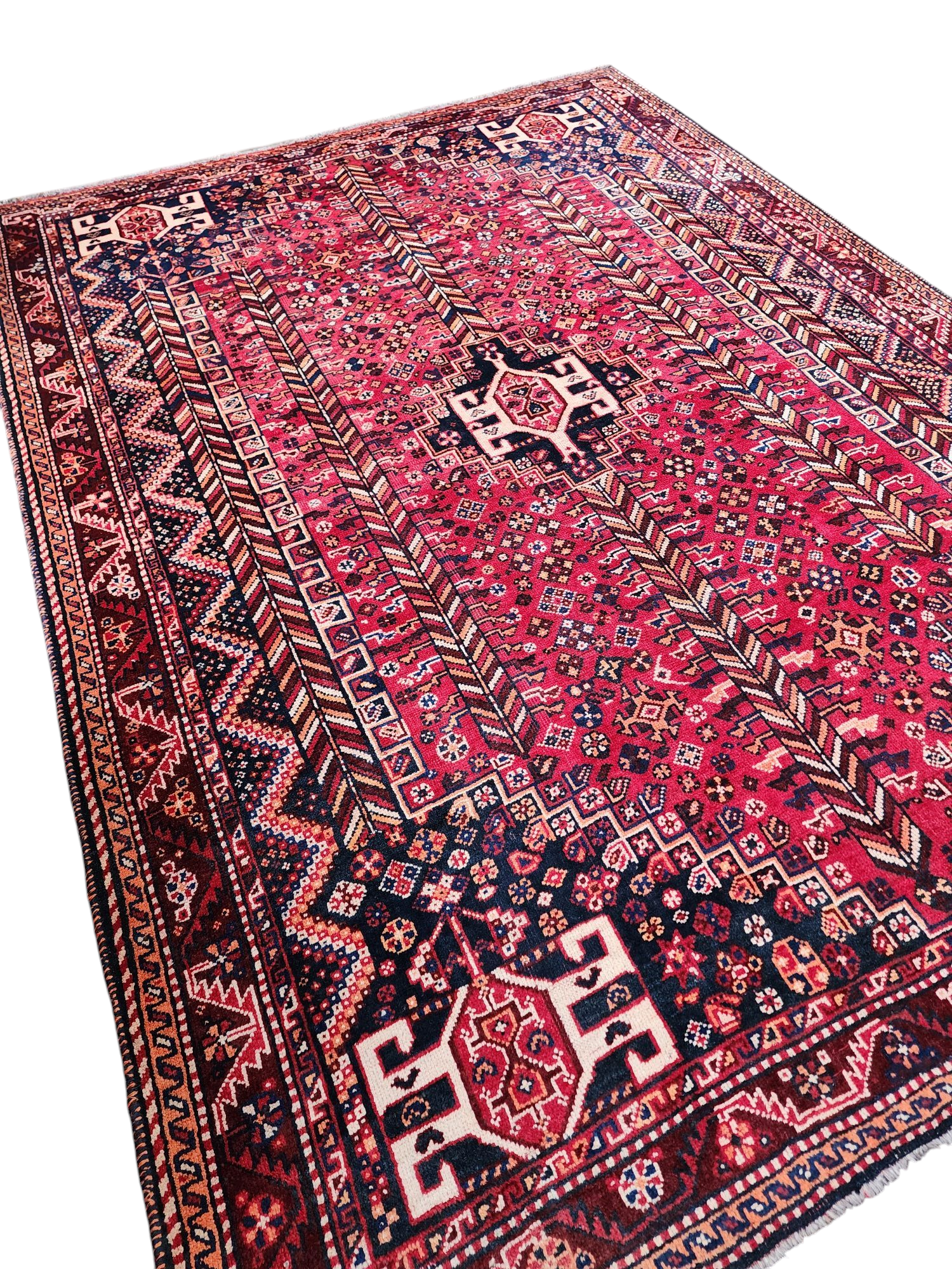 Red and Blue Antique Persian Area Rug 8 x 6 ft Vintage Turkish Tribal Natural Wool Rug, Recycled Oriental Design Rustic Bohemian Floor Rug