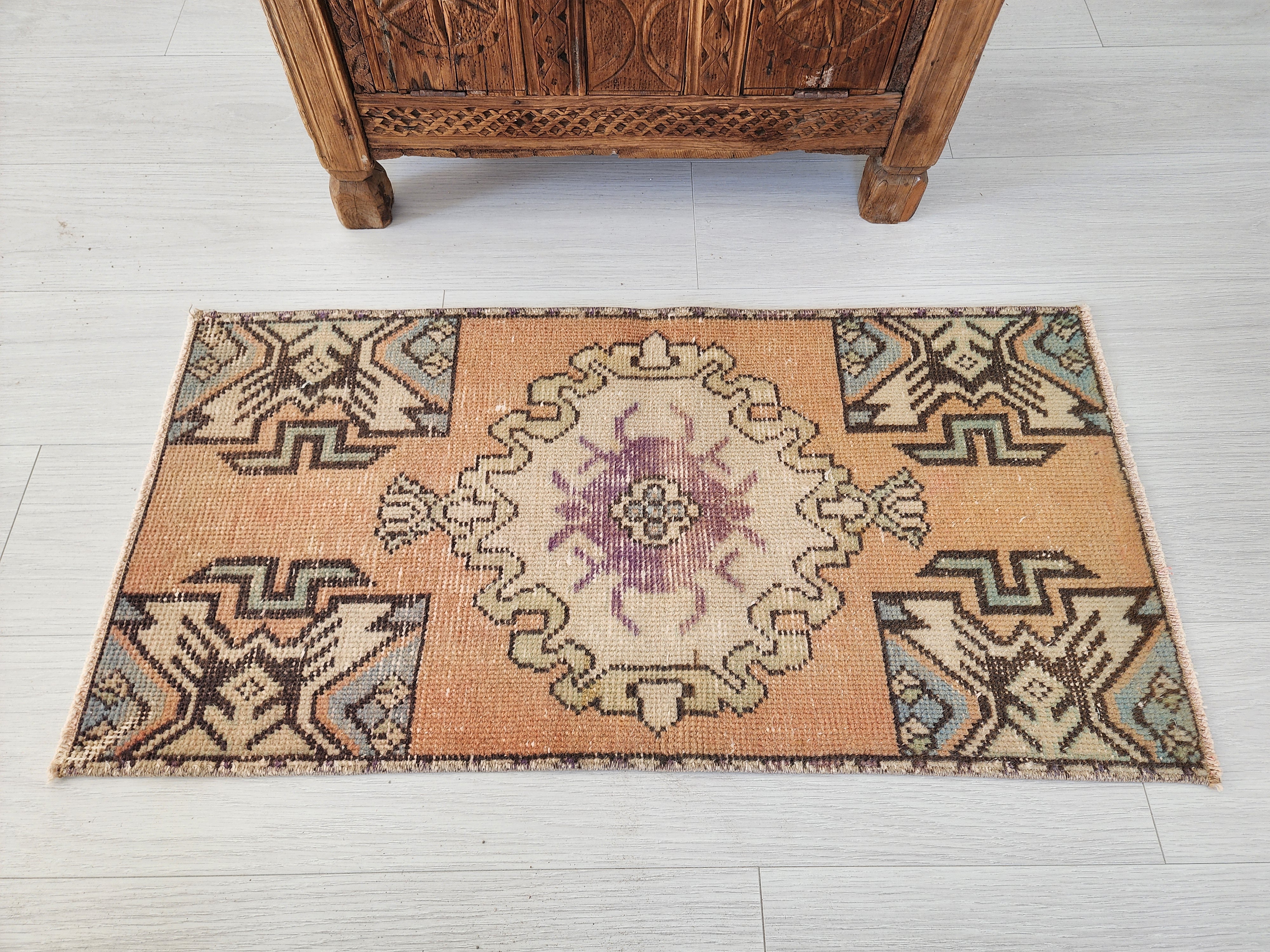 Vintage Turkish Small Rug, 3 ft x 1 ft 6 in, Pink, Green/Grey and Beige Faded Distressed Antique Style Mat