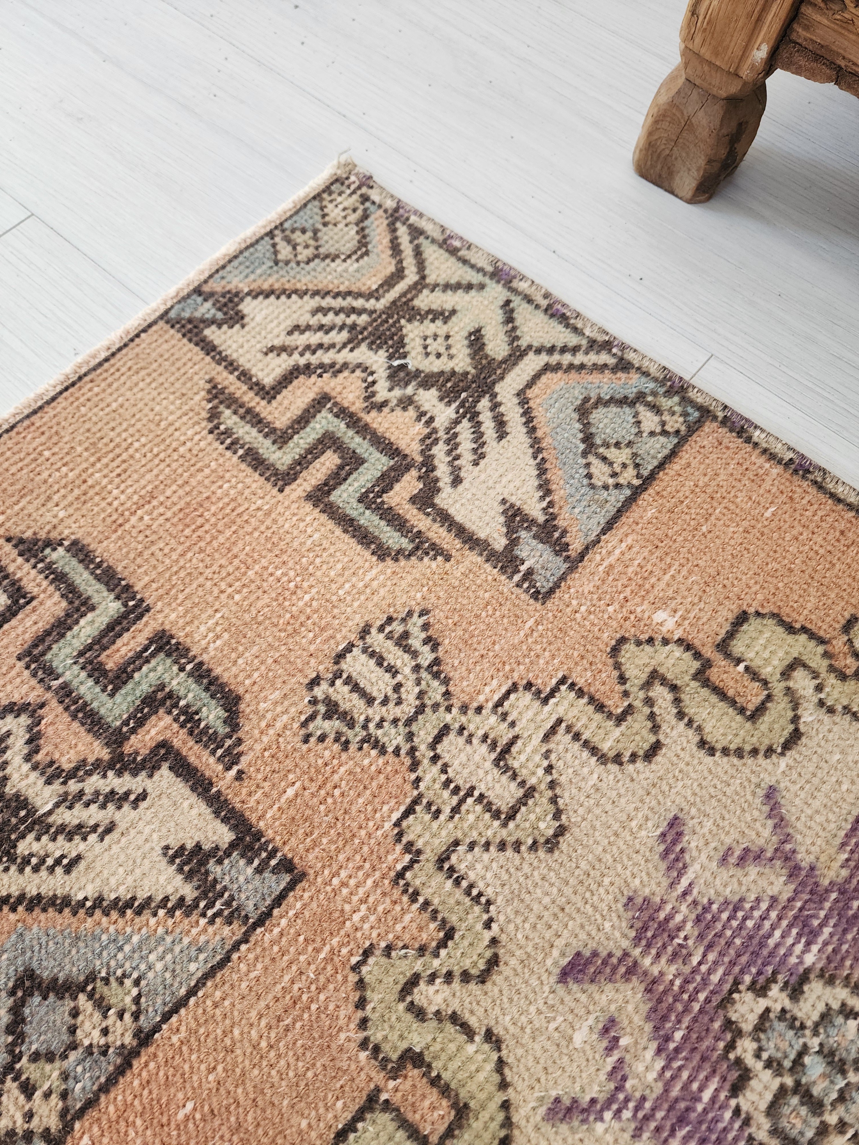 Vintage Turkish Small Rug, 3 ft x 1 ft 6 in, Pink, Green/Grey and Beige Faded Distressed Antique Style Mat