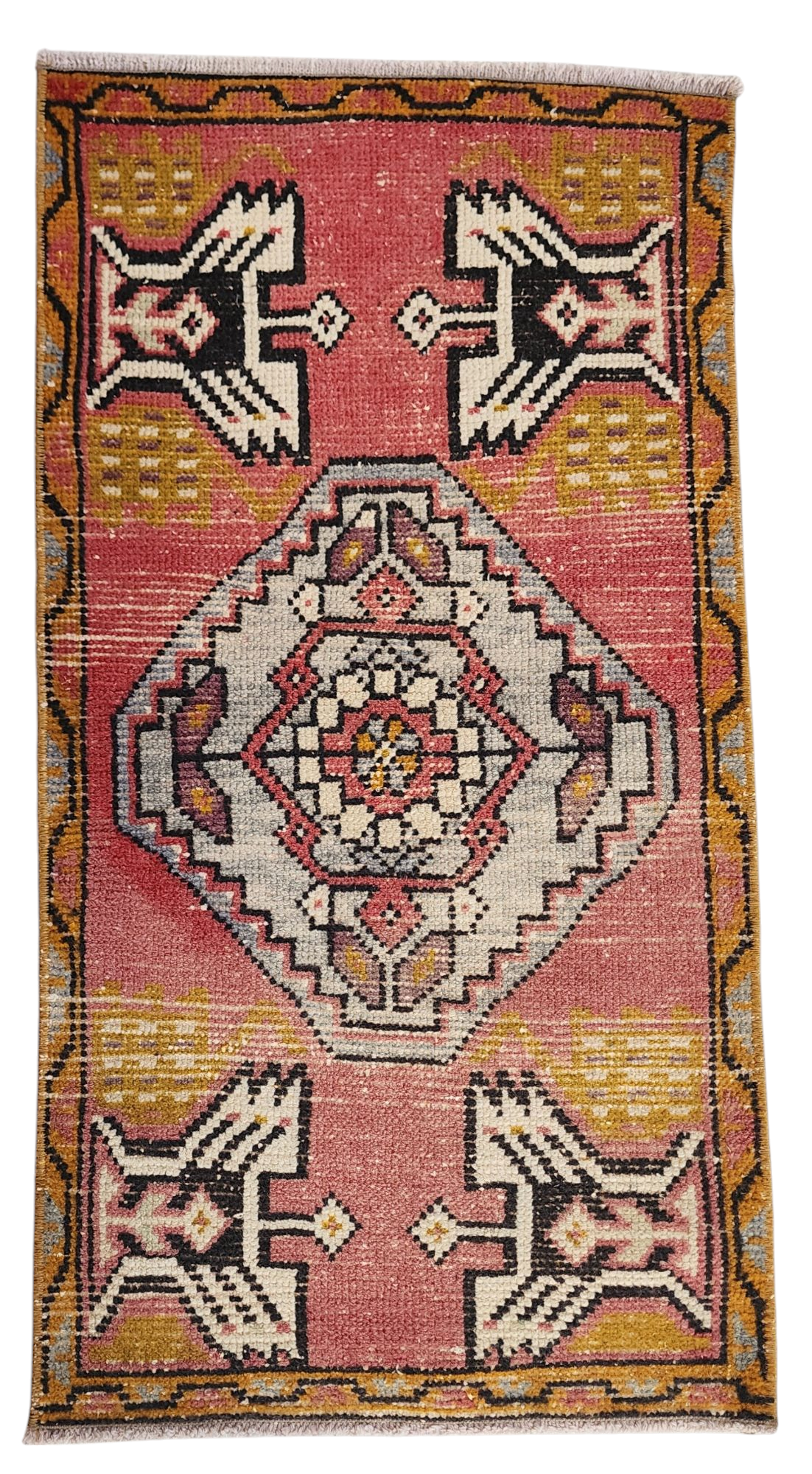 Small Pink Turkish Rug 3 x 1 ft Vintage Boho Rustic Persian Area Doormat