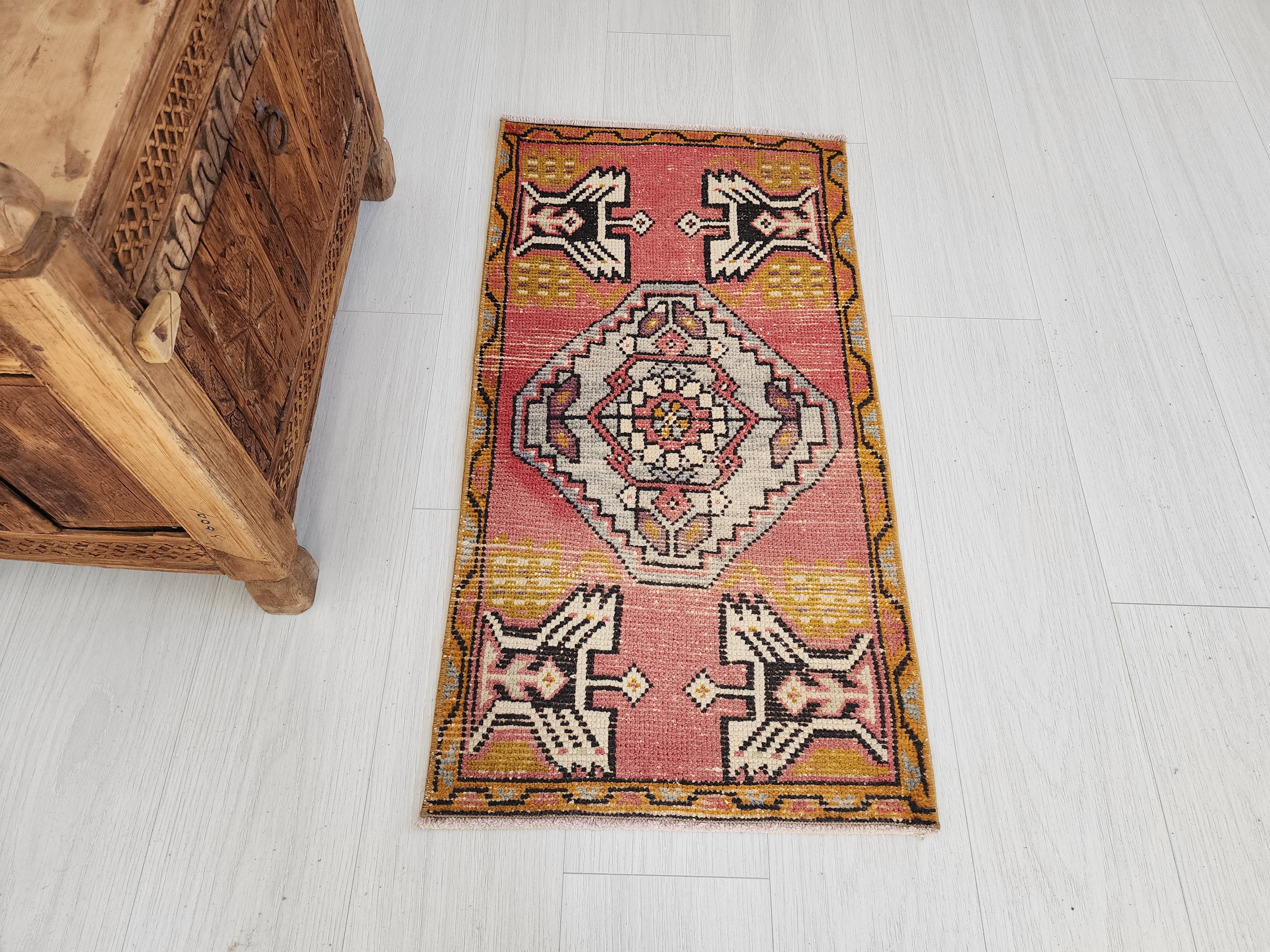 Small Pink Turkish Rug 3 x 1 ft Vintage Boho Rustic Persian Area Doormat