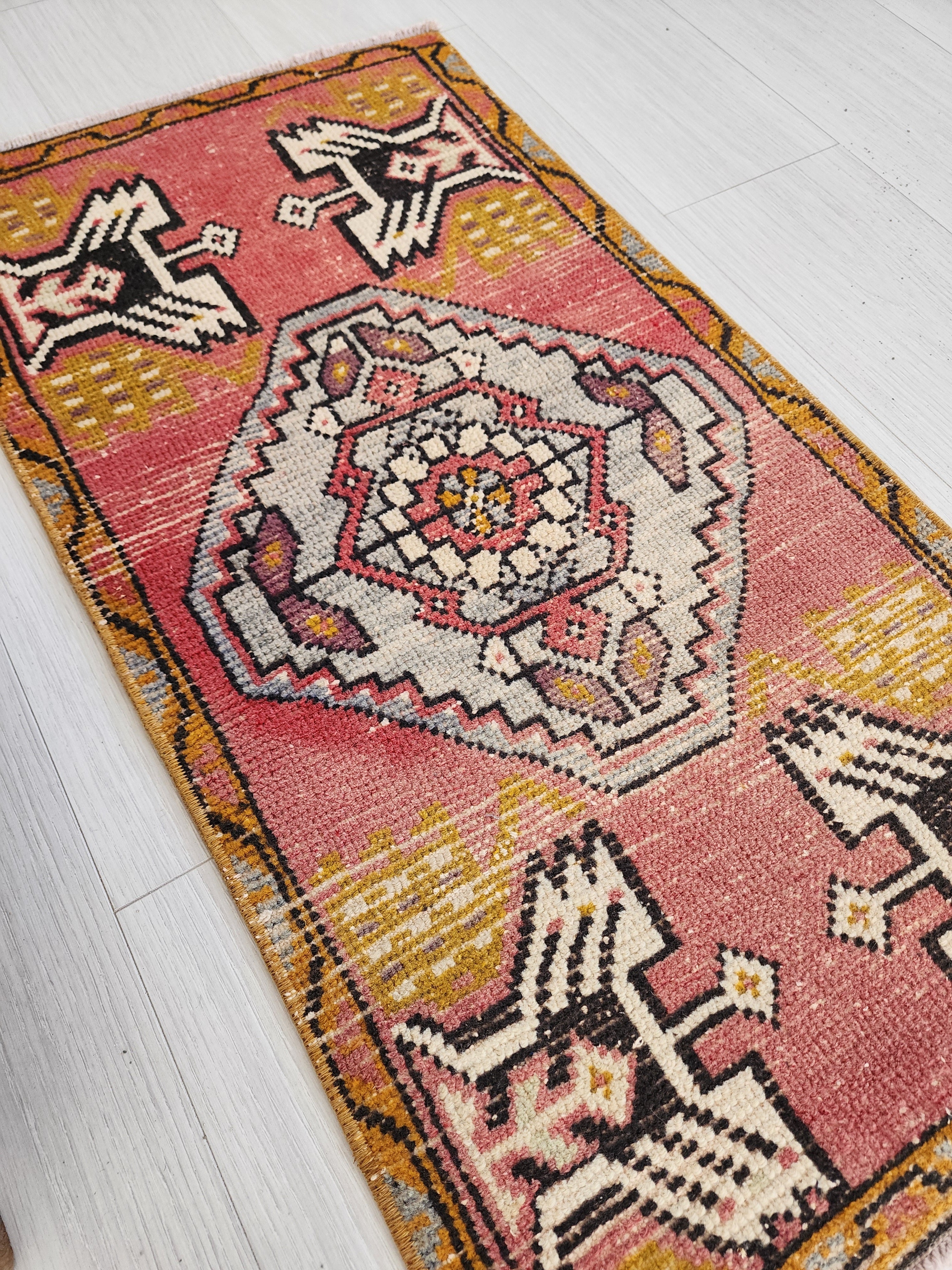 Small Pink Turkish Rug 3 x 1 ft Vintage Boho Rustic Persian Area Doormat