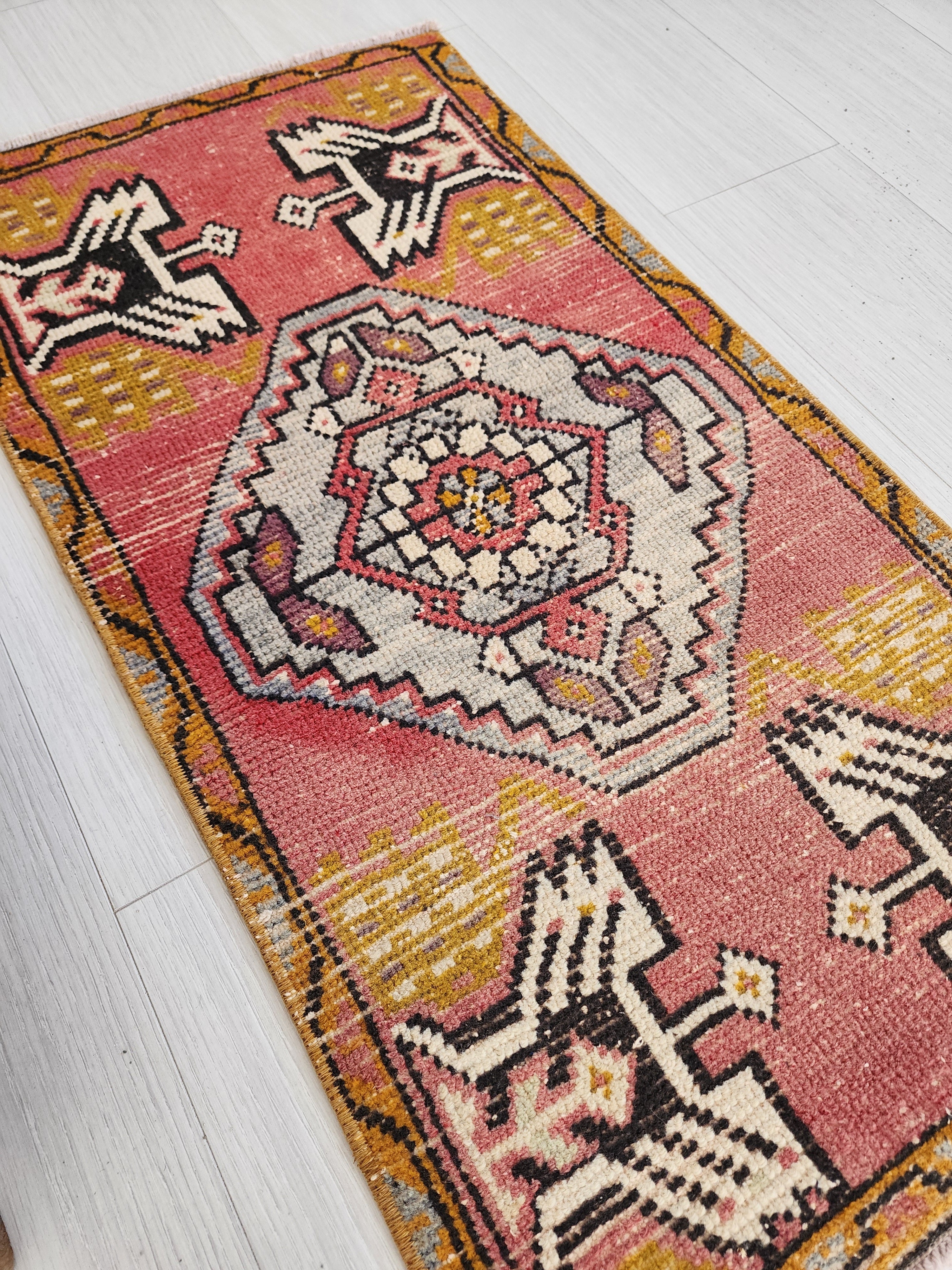 Small Pink Turkish Rug 3 x 1 ft Vintage Boho Rustic Persian Area Doormat