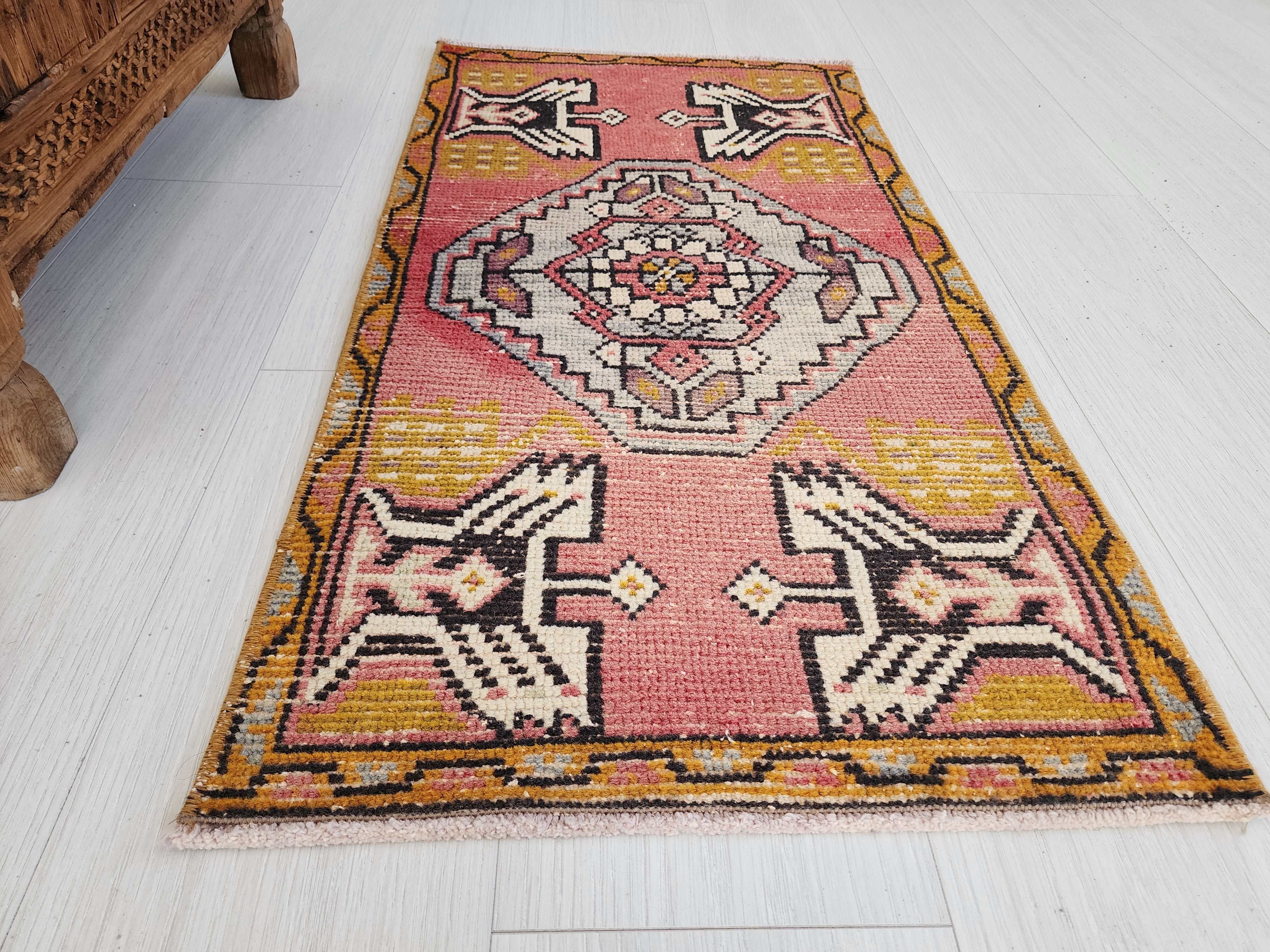 Small Pink Turkish Rug 3 x 1 ft Vintage Boho Rustic Persian Area Doormat
