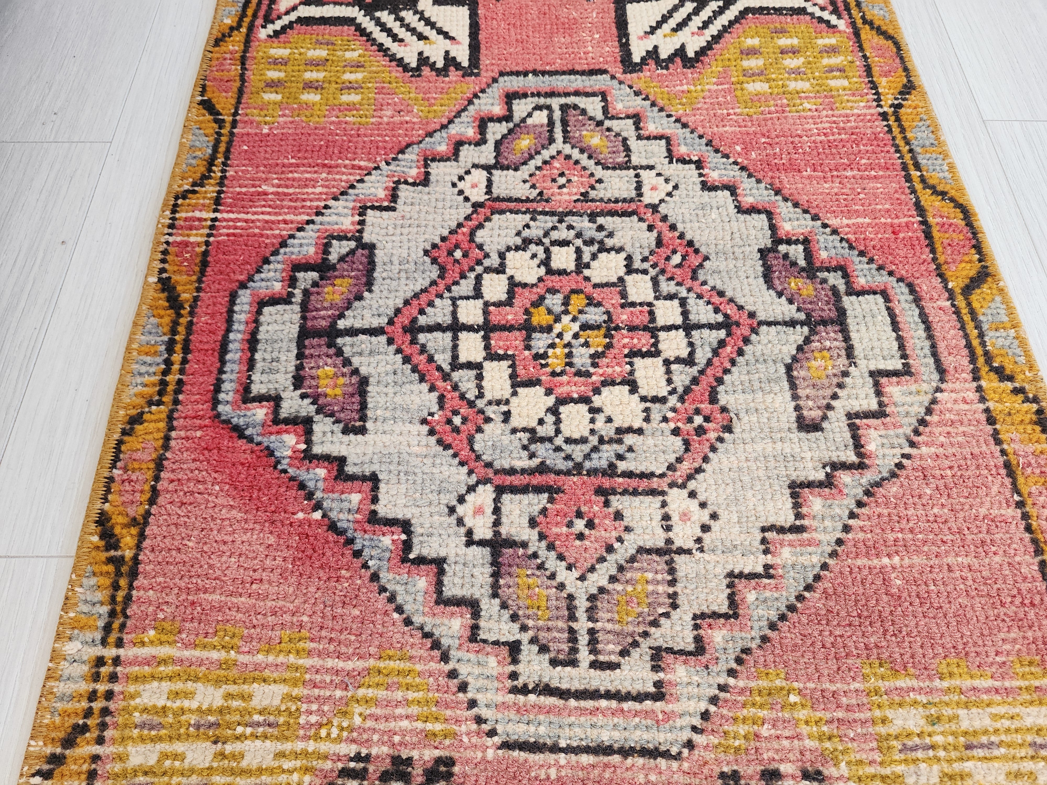 Small Pink Turkish Rug 3 x 1 ft Vintage Boho Rustic Persian Area Doormat