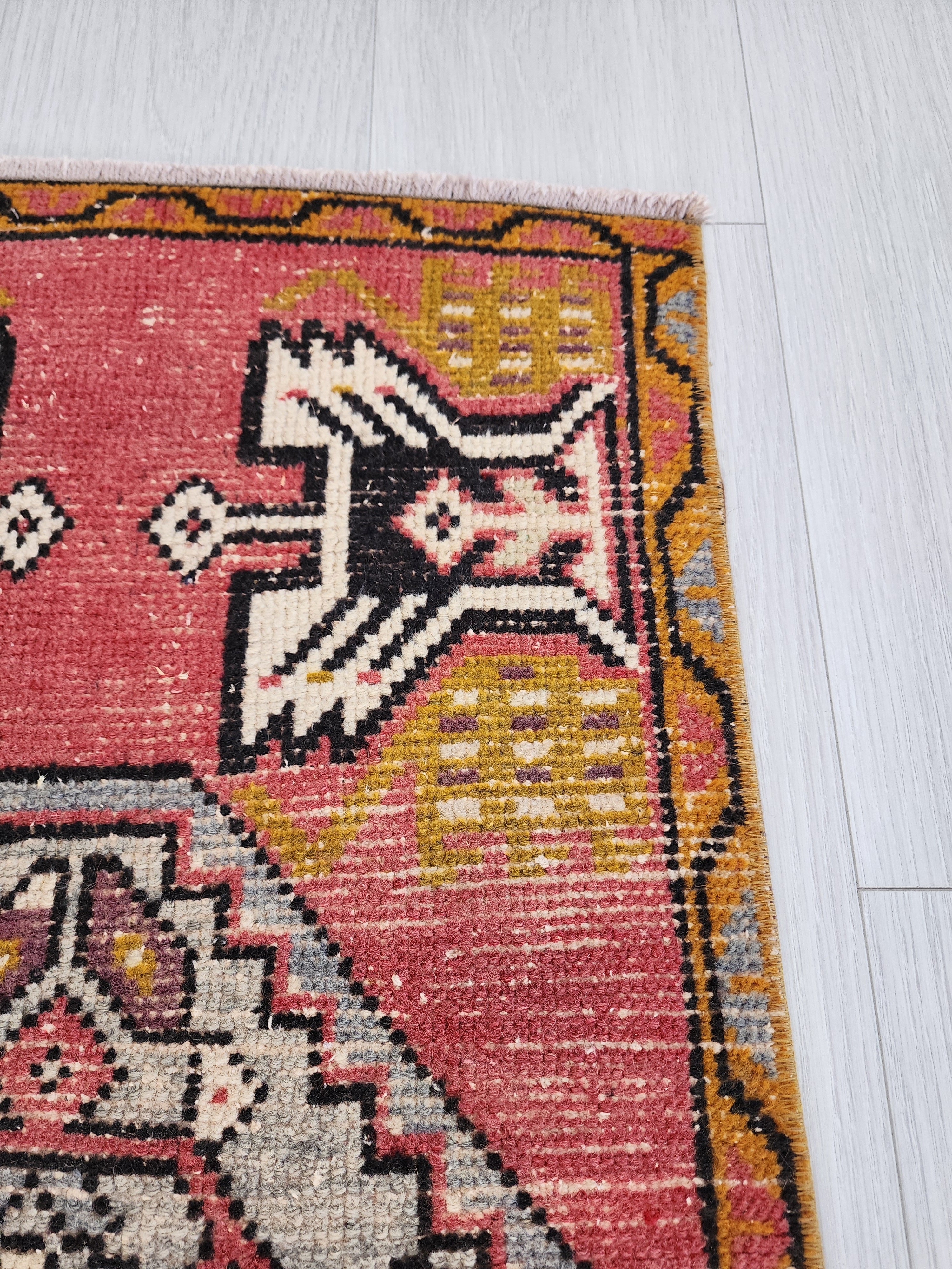 Small Pink Turkish Rug 3 x 1 ft Vintage Boho Rustic Persian Area Doormat