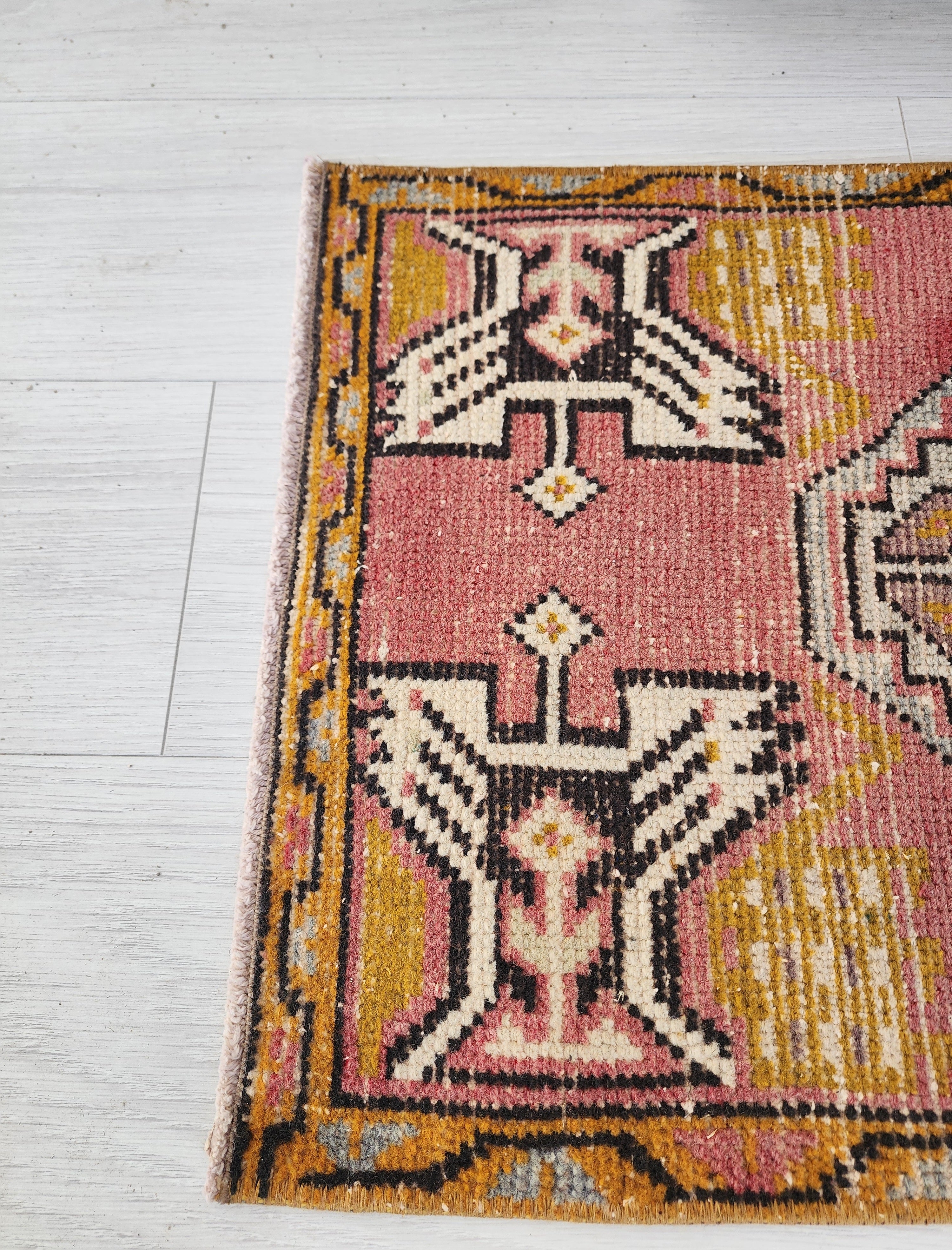 Small Pink Turkish Rug 3 x 1 ft Vintage Boho Rustic Persian Area Doormat