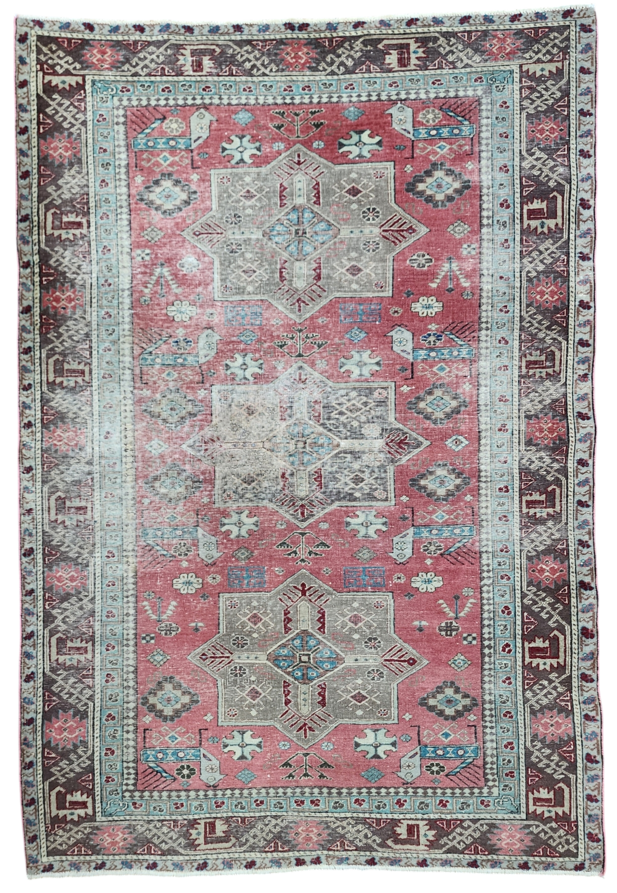 Vintage Caucasian Star Rug 5 x 4 ft, Pink, Brown and Beige Tribal Persian Area Rug