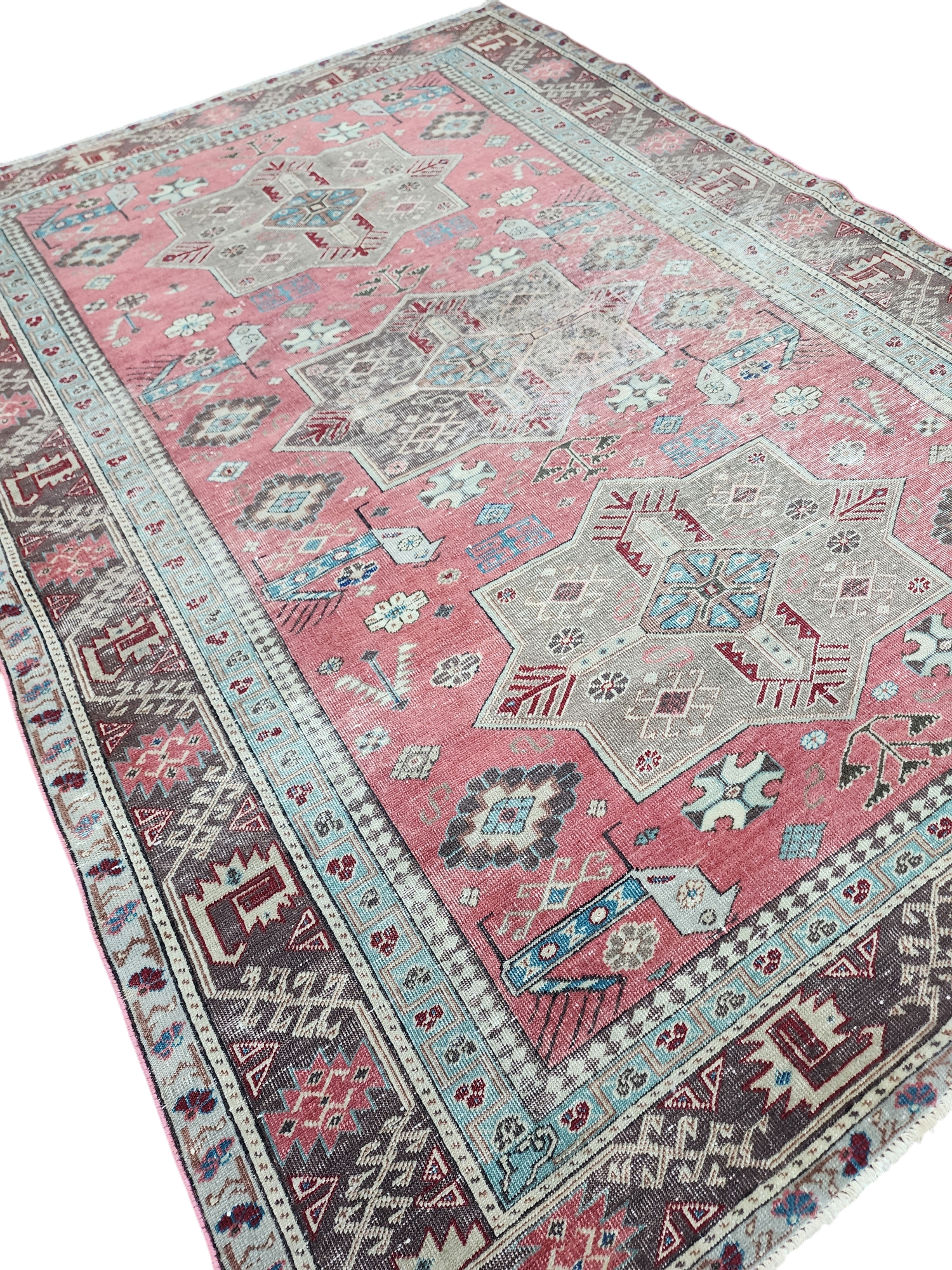 Vintage Caucasian Star Rug 5 x 4 ft, Pink, Brown and Beige Tribal Persian Area Rug