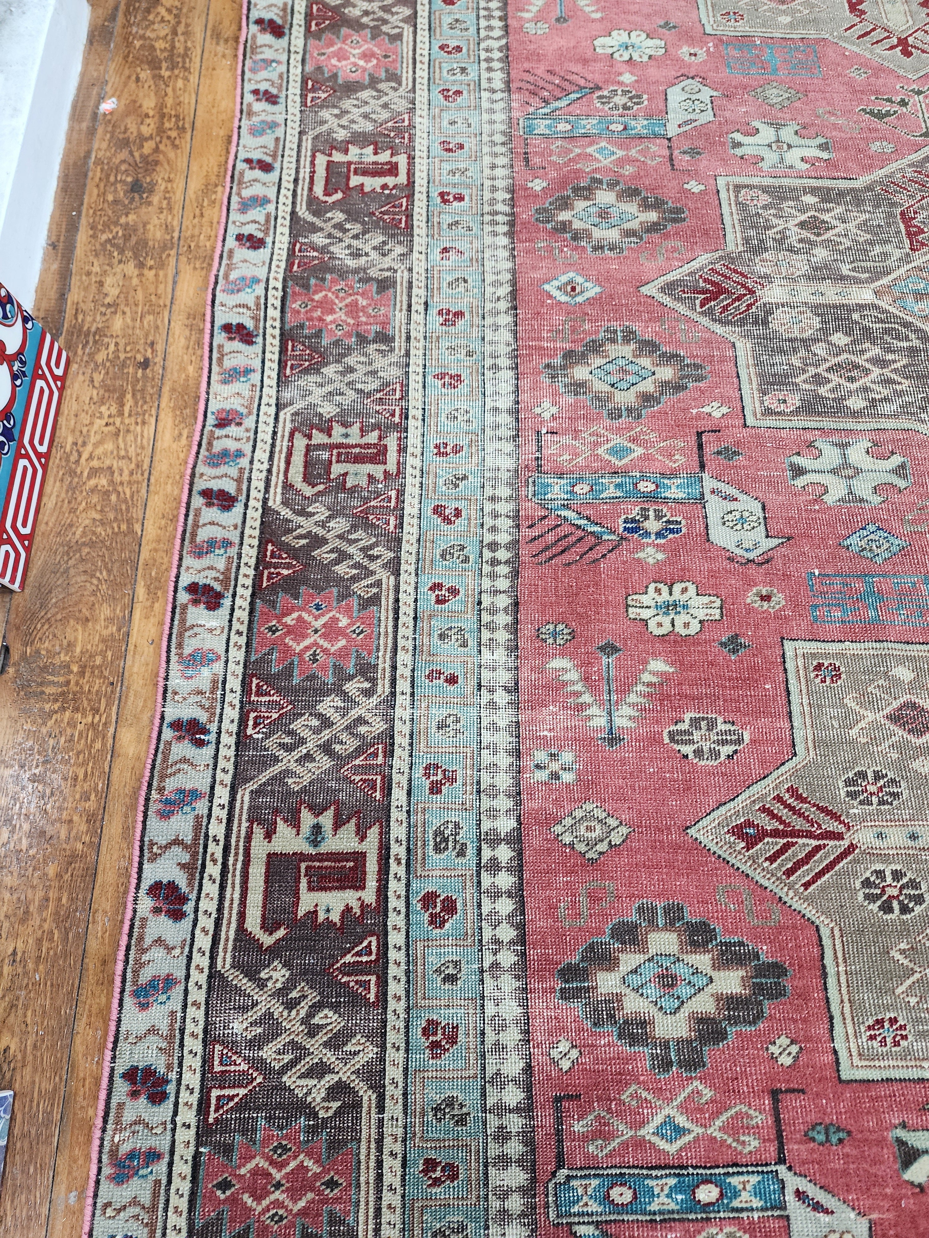 Vintage Caucasian Star Rug 5 x 4 ft, Pink, Brown and Beige Tribal Persian Area Rug