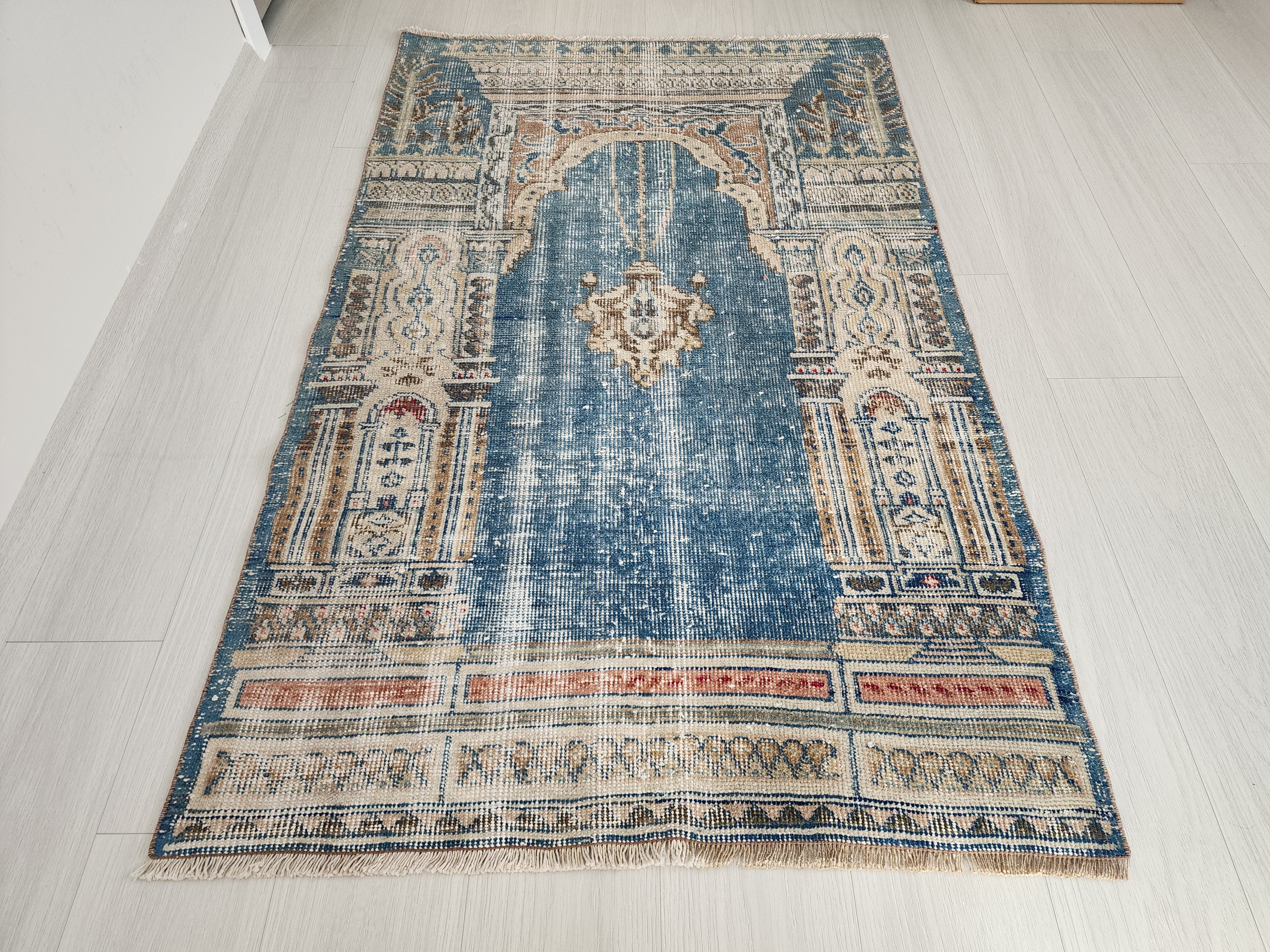 Vintage Persian, 5x3, Soft Blue and Brown Turkish Rug handmade from Natural Wool