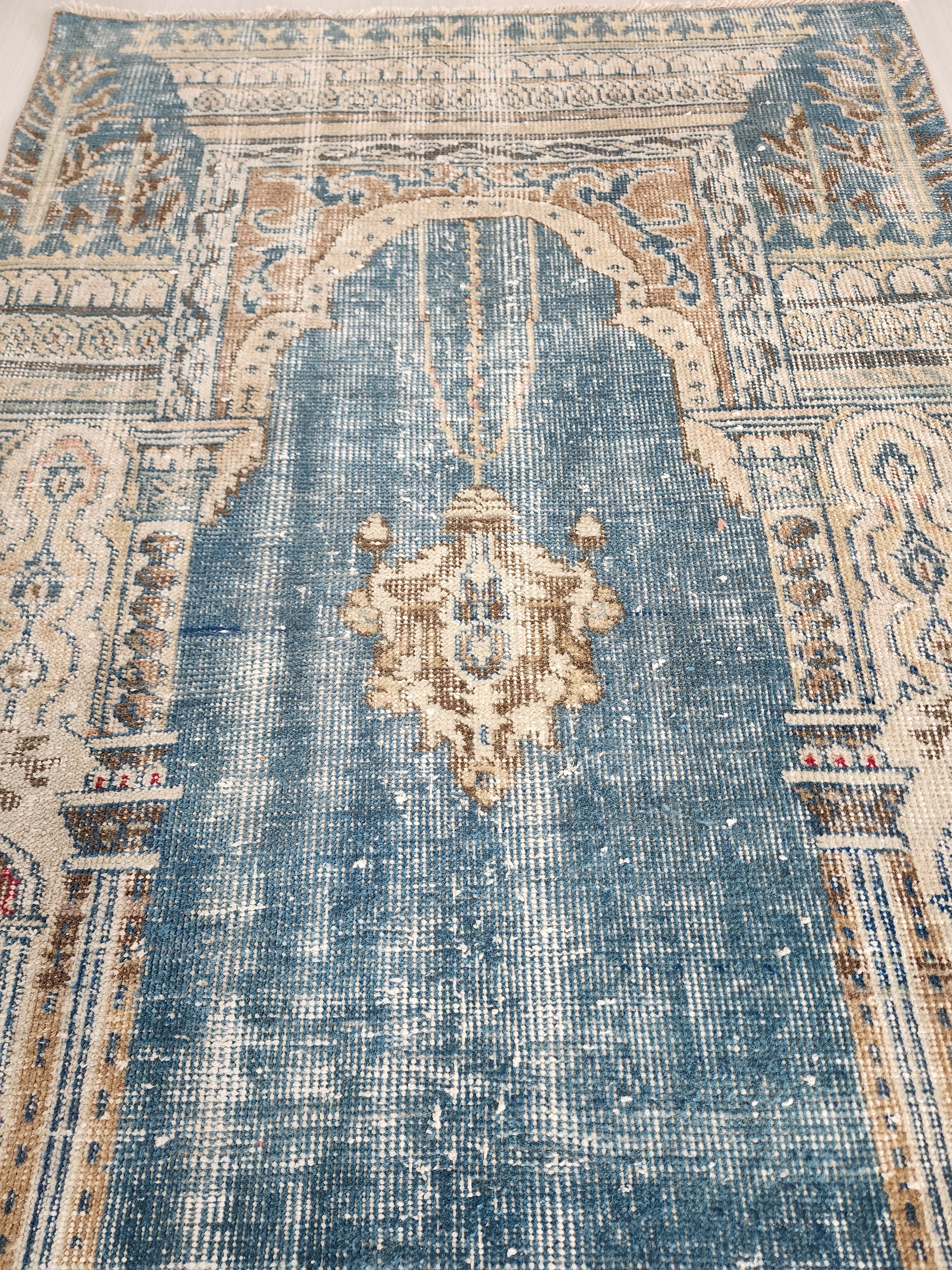 Vintage Persian, 5x3, Soft Blue and Brown Turkish Rug handmade from Natural Wool