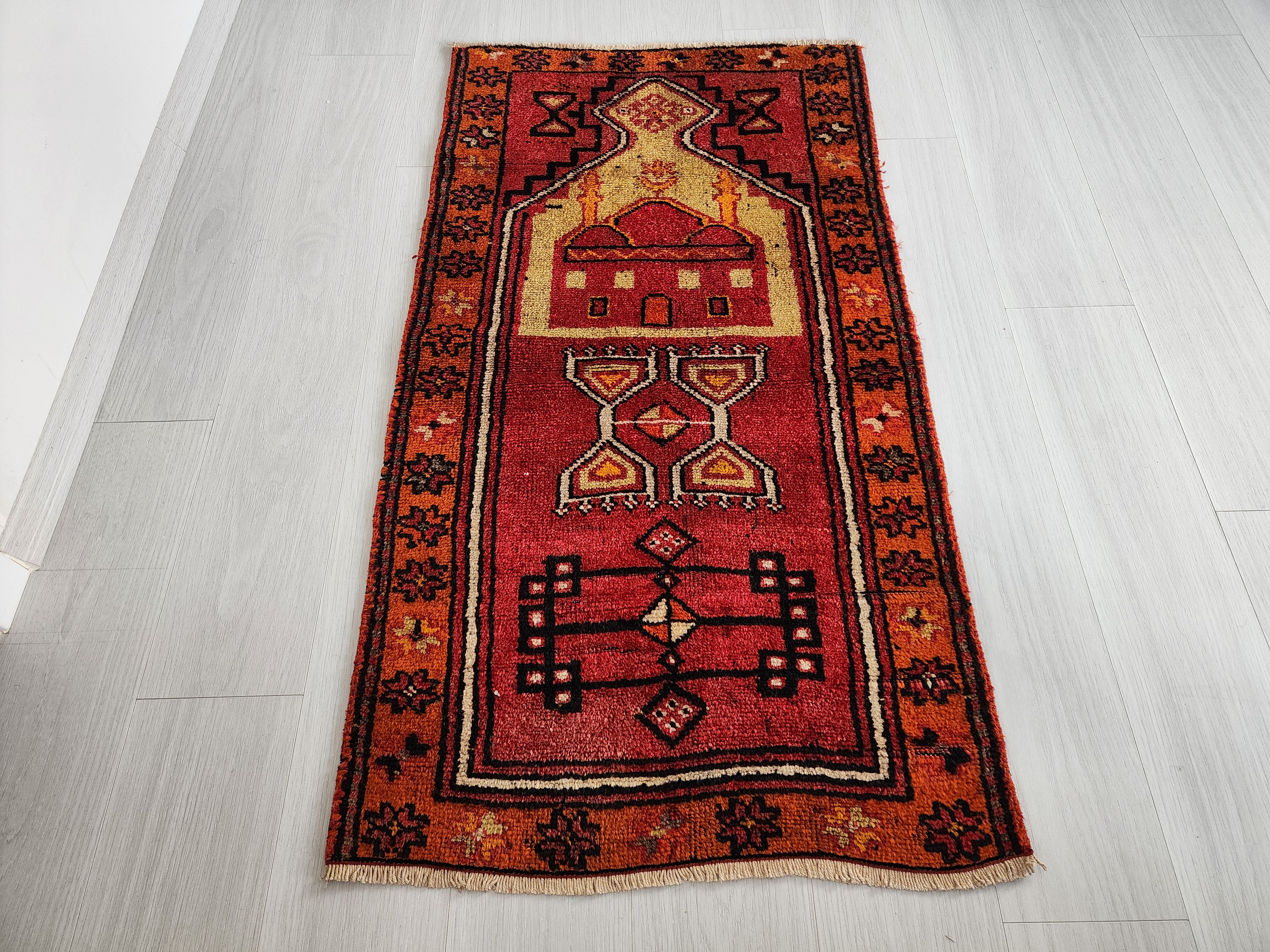 Antique Turkish Rug, 5x3, Red, Green and Orange, Handmade in Konya from Natural Wool