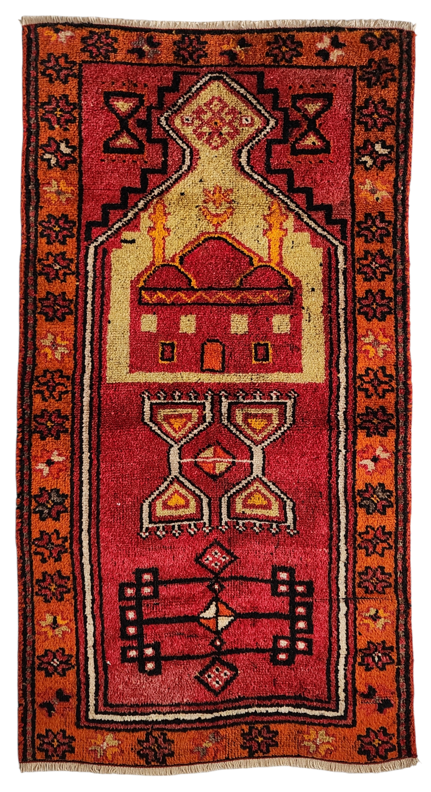 Antique Turkish Rug, 5x3, Red, Green and Orange, Handmade in Konya from Natural Wool