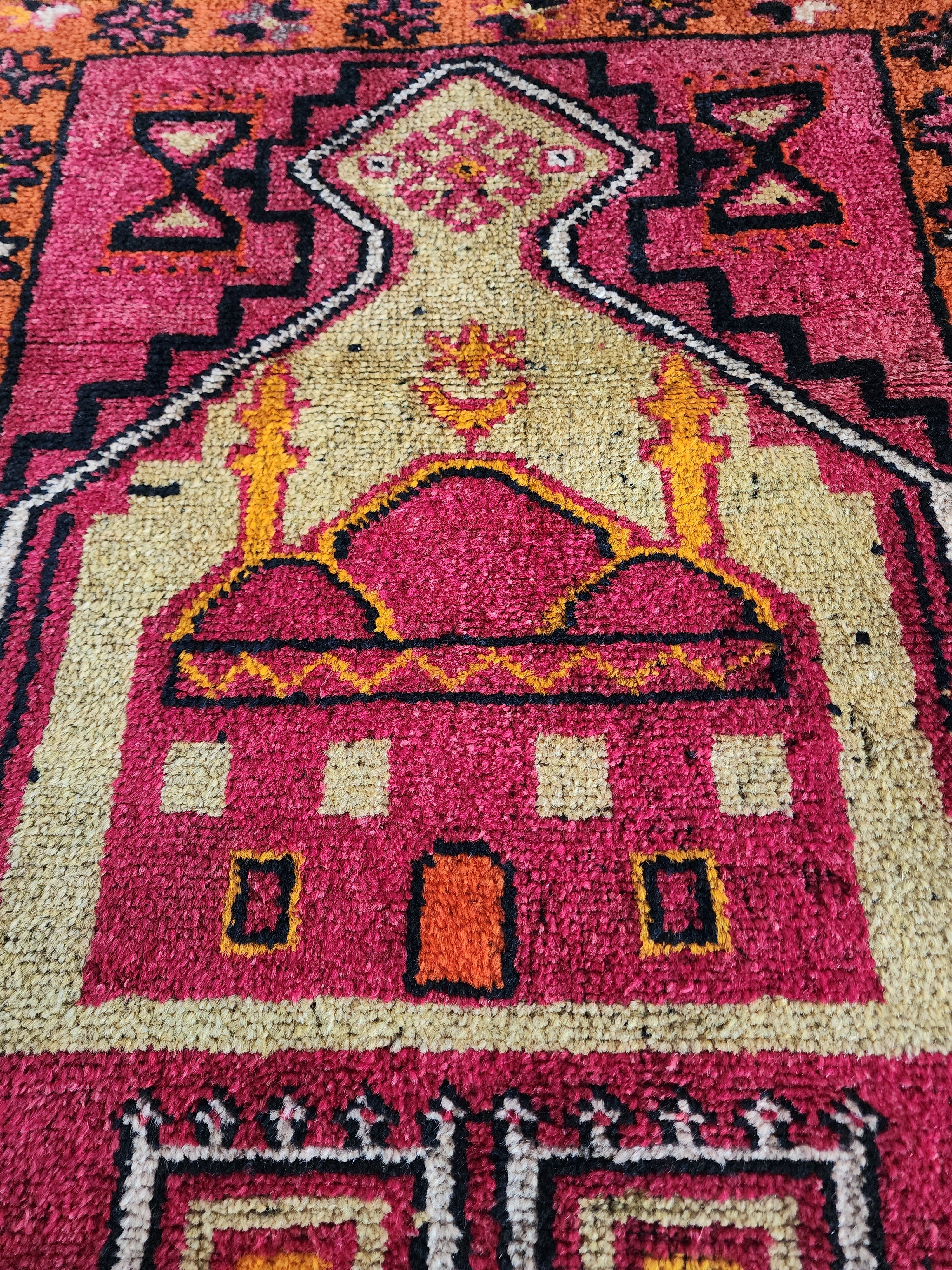 Antique Turkish Rug, 5x3, Red, Green and Orange, Handmade in Konya from Natural Wool