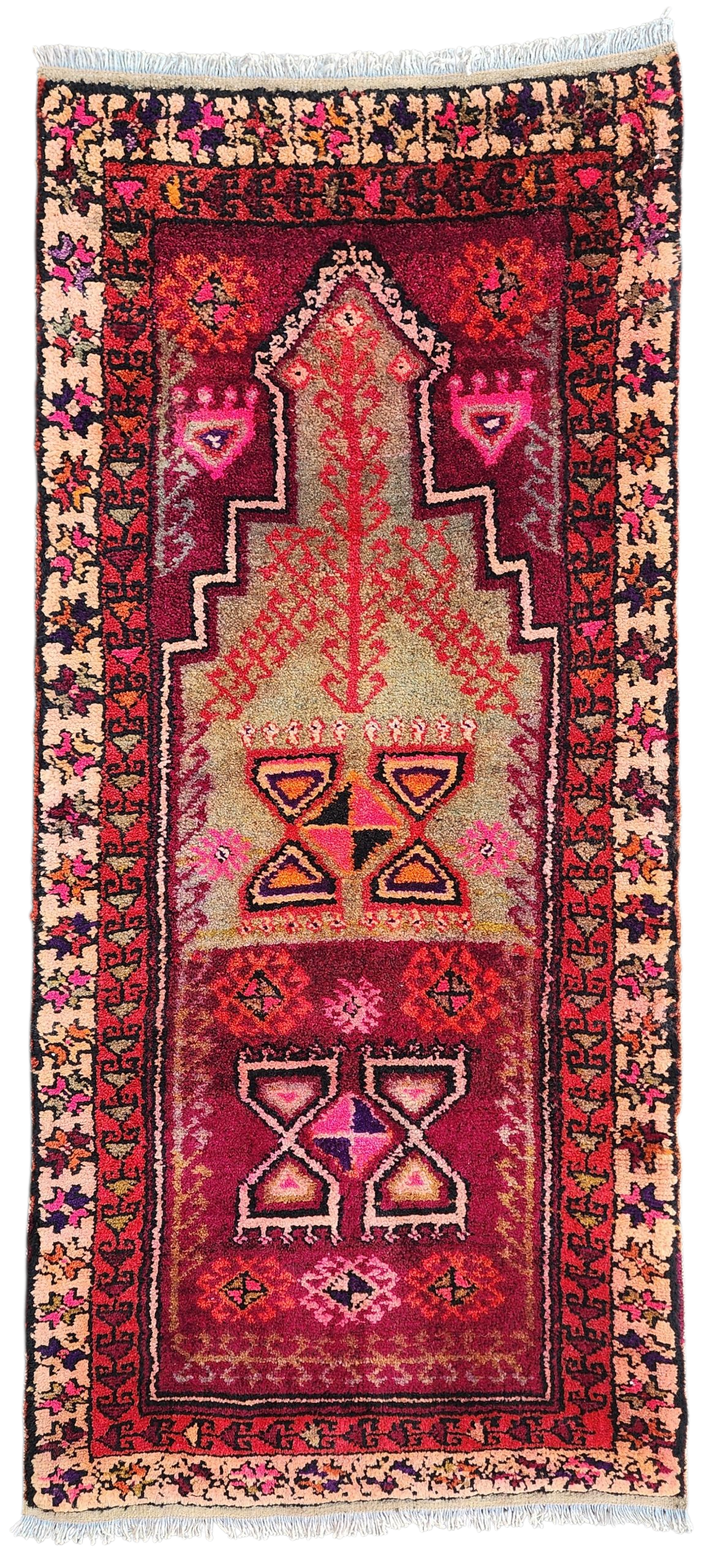 Vintage Small Persian Rug | Hand-Knotted Floral Wool Mat | Cream & Pink Accent Rug | Entryway Bathroom Decor | Prayer Rug Size 52'' x 2'6''