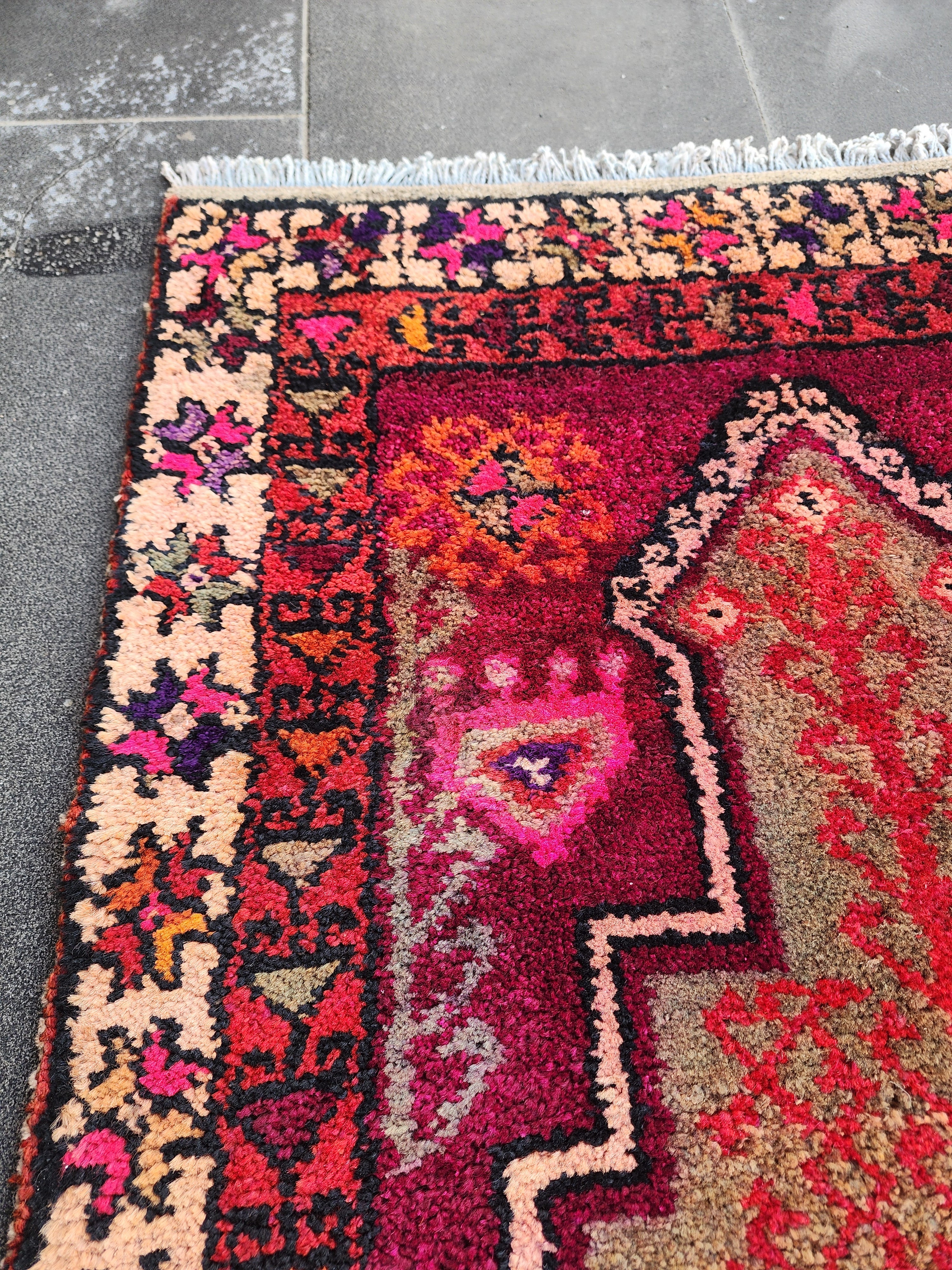 Vintage Small Persian Rug | Hand-Knotted Floral Wool Mat | Cream & Pink Accent Rug | Entryway Bathroom Decor | Prayer Rug Size 52'' x 2'6''