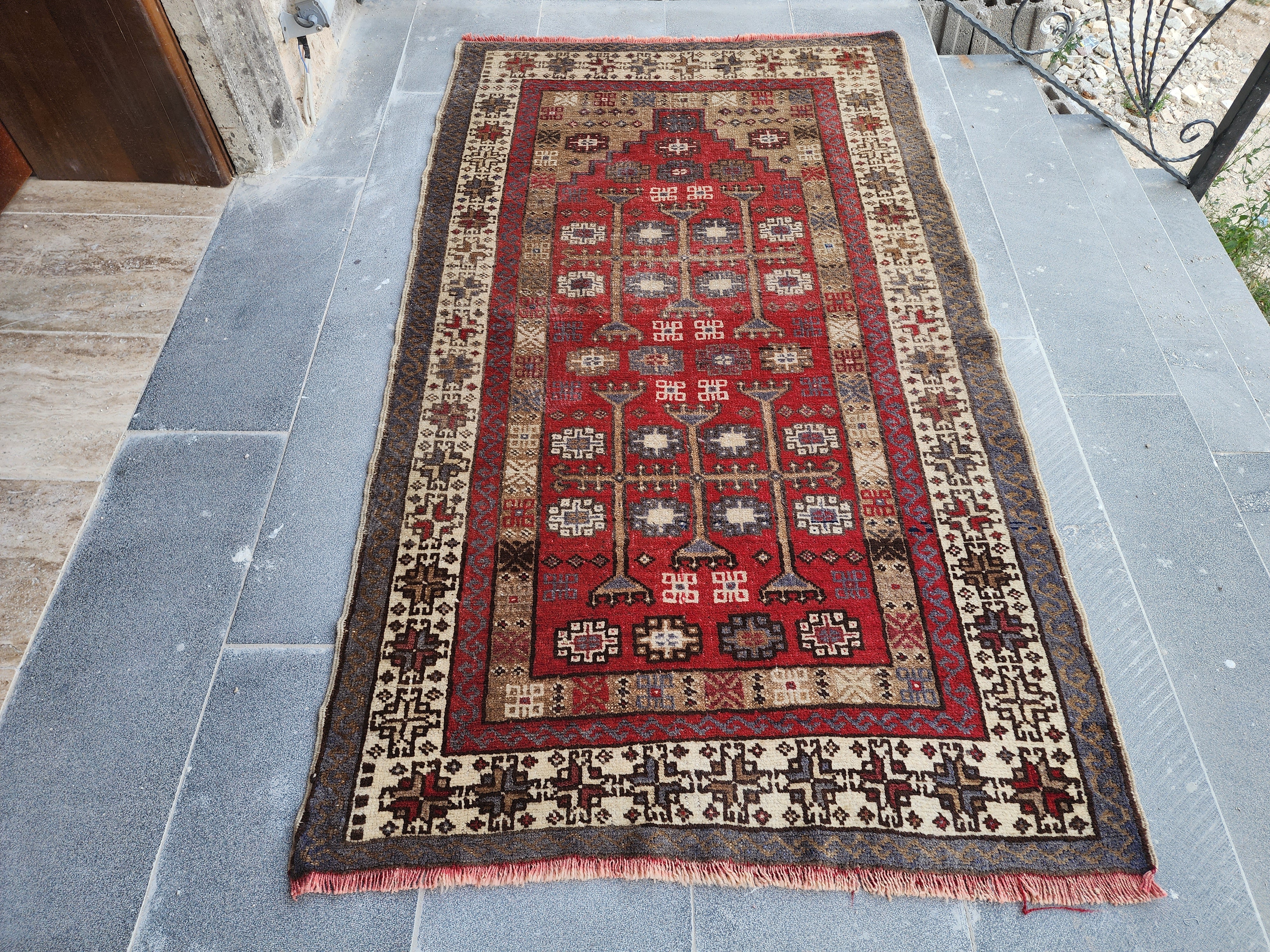 Vintage Turkish Wool Rug 5x3 ft - Tribal Red Brown Taspinar Rug