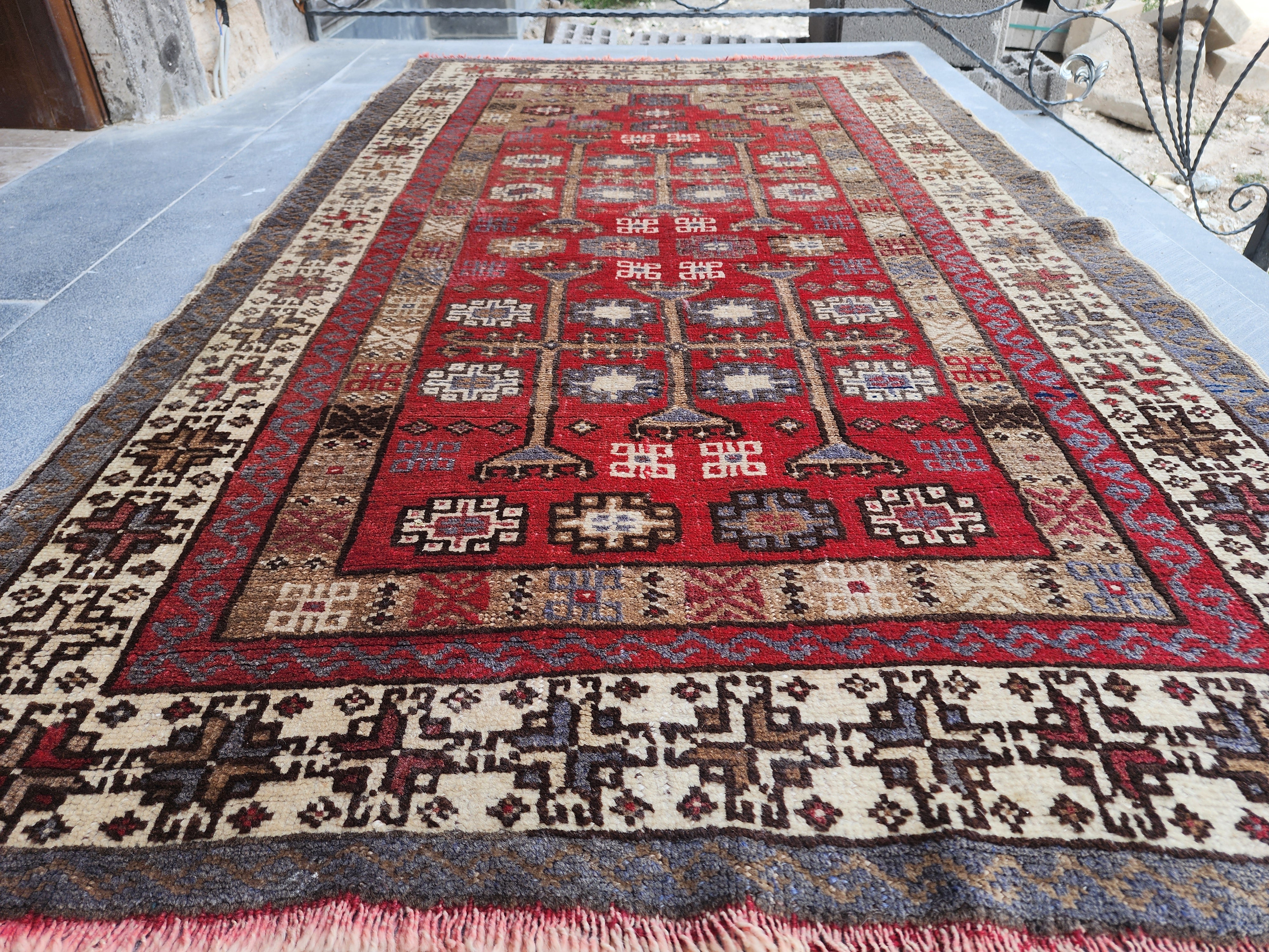 Vintage Turkish Wool Rug 5x3 ft - Tribal Red Brown Taspinar Rug