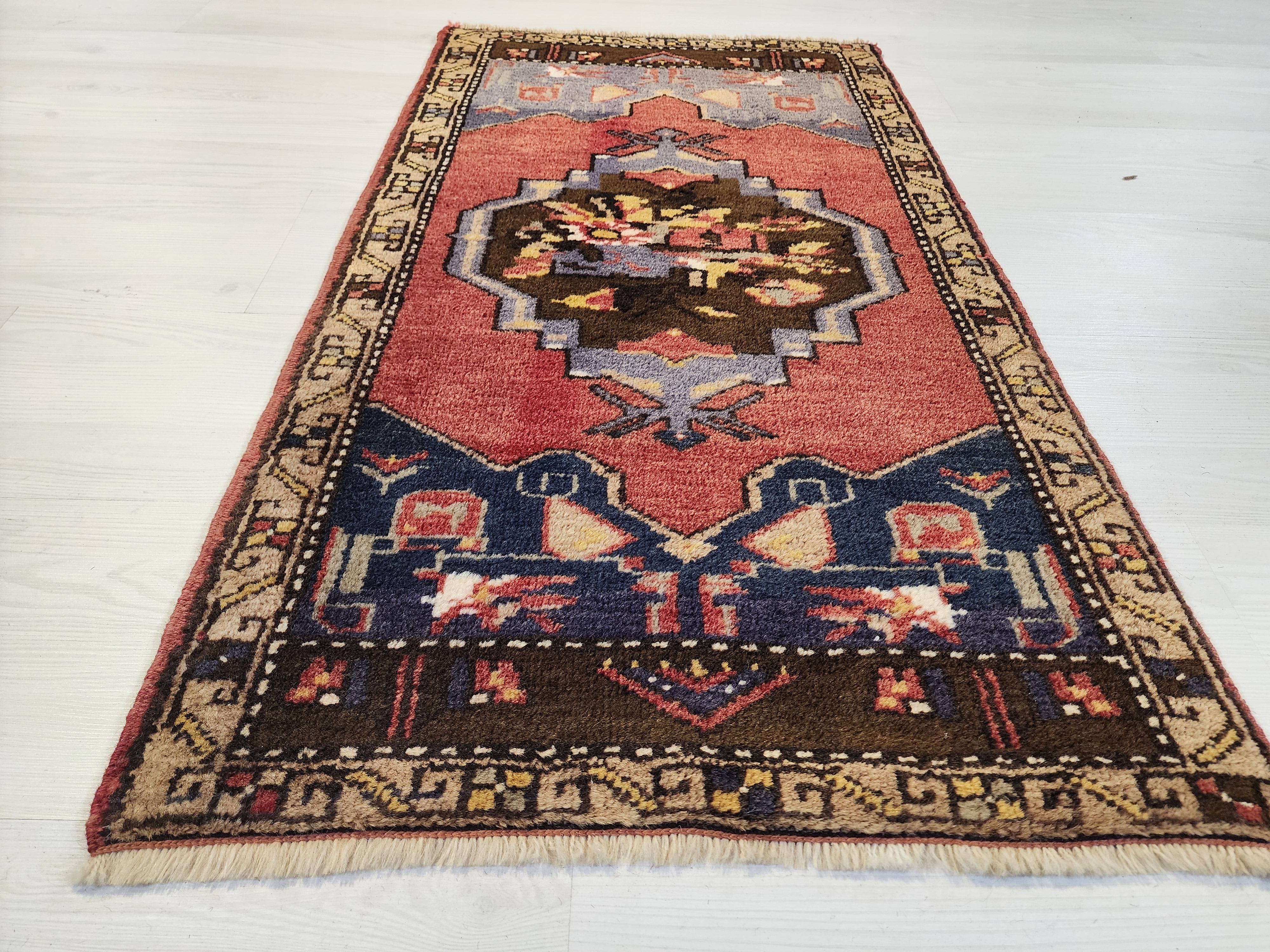 Vintage Turkish Rug, Handmade Wool Anatolian Mat (3'3"x1'9")