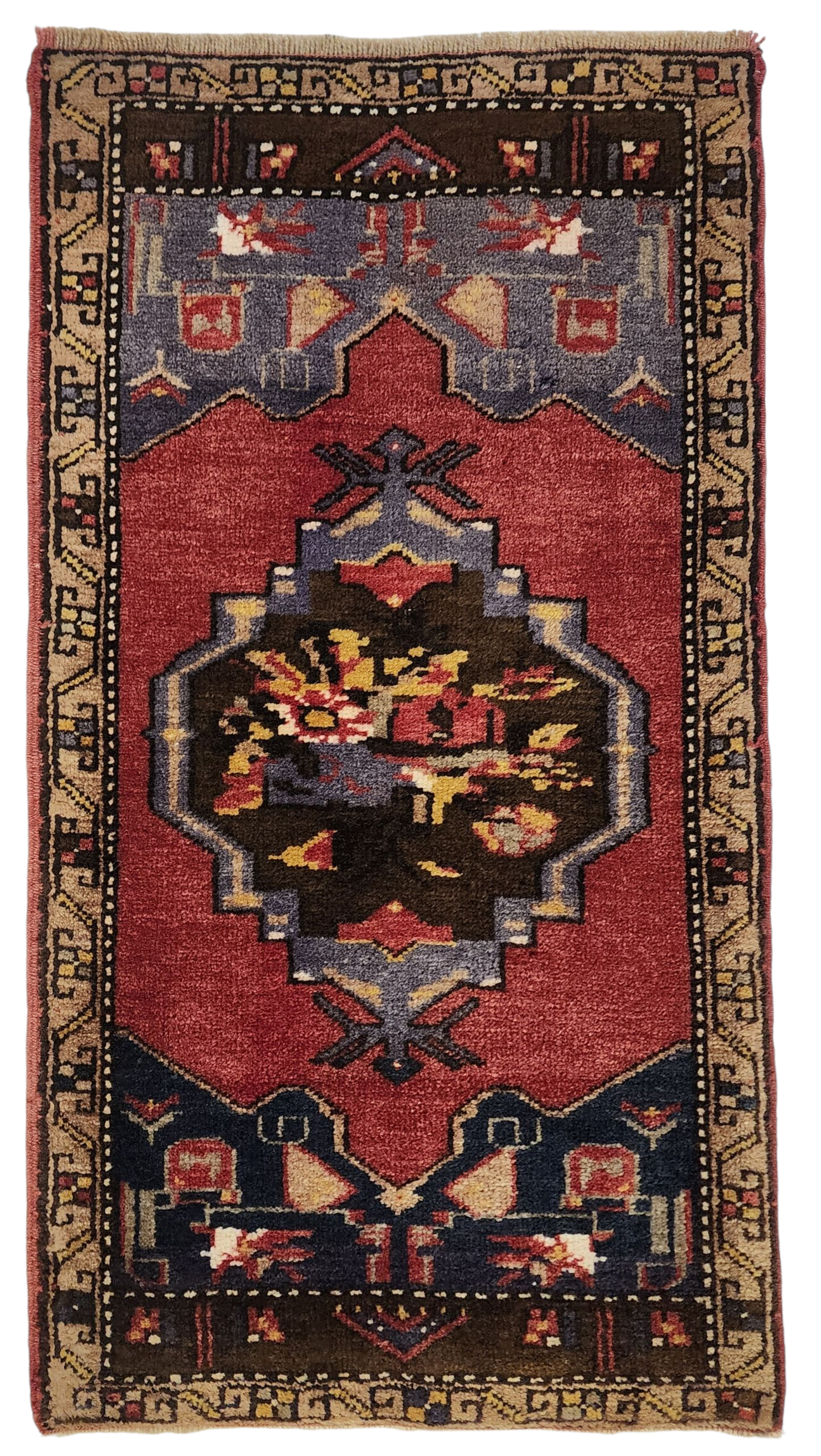 Vintage Turkish Rug, Handmade Wool Anatolian Mat (3'3"x1'9")