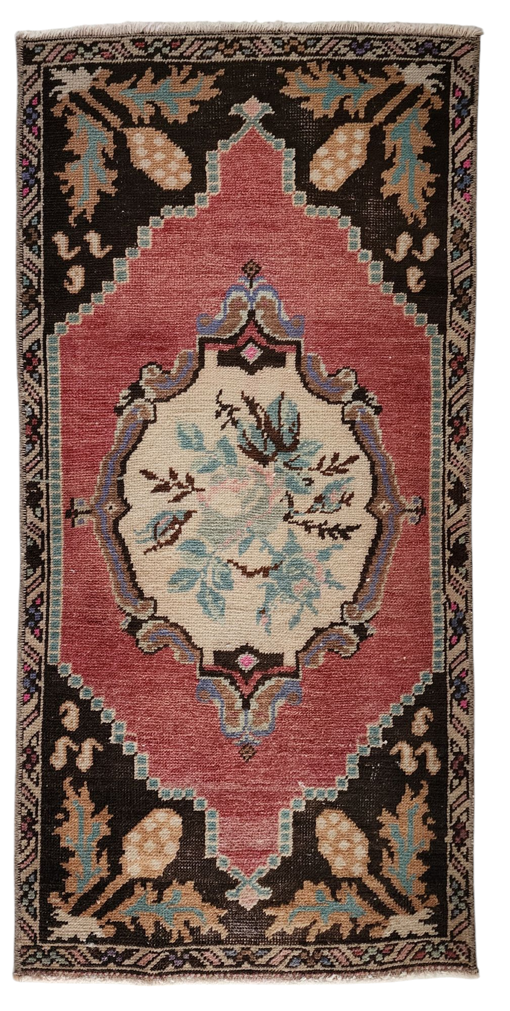 Vintage Turkish Small Rug, 3 ft 1 in x 1 ft 6 in, Red, Brown and Beige Faded Distressed Antique Style Mat