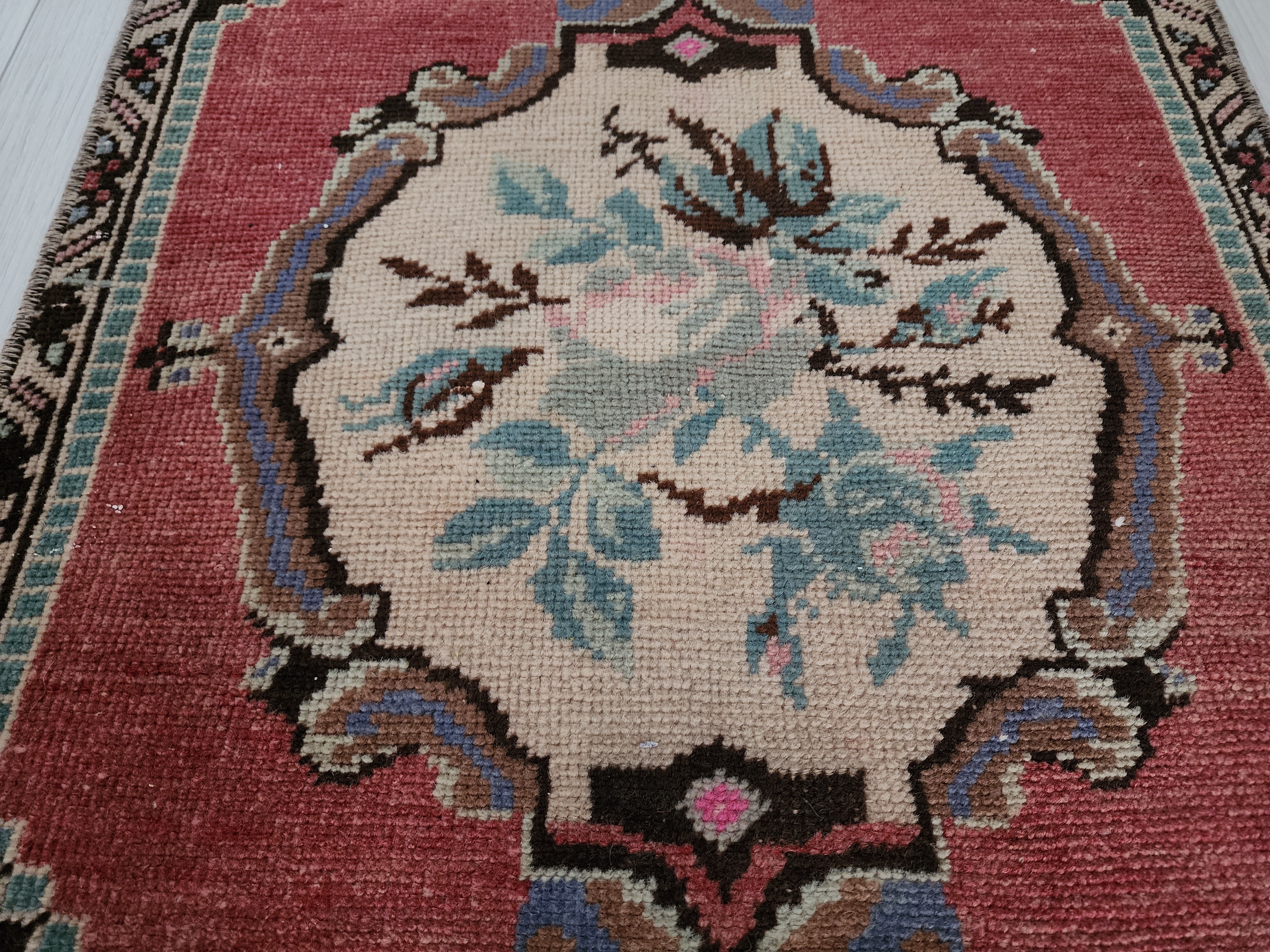 Vintage Turkish Small Rug, 3 ft 1 in x 1 ft 6 in, Red, Brown and Beige Faded Distressed Antique Style Mat