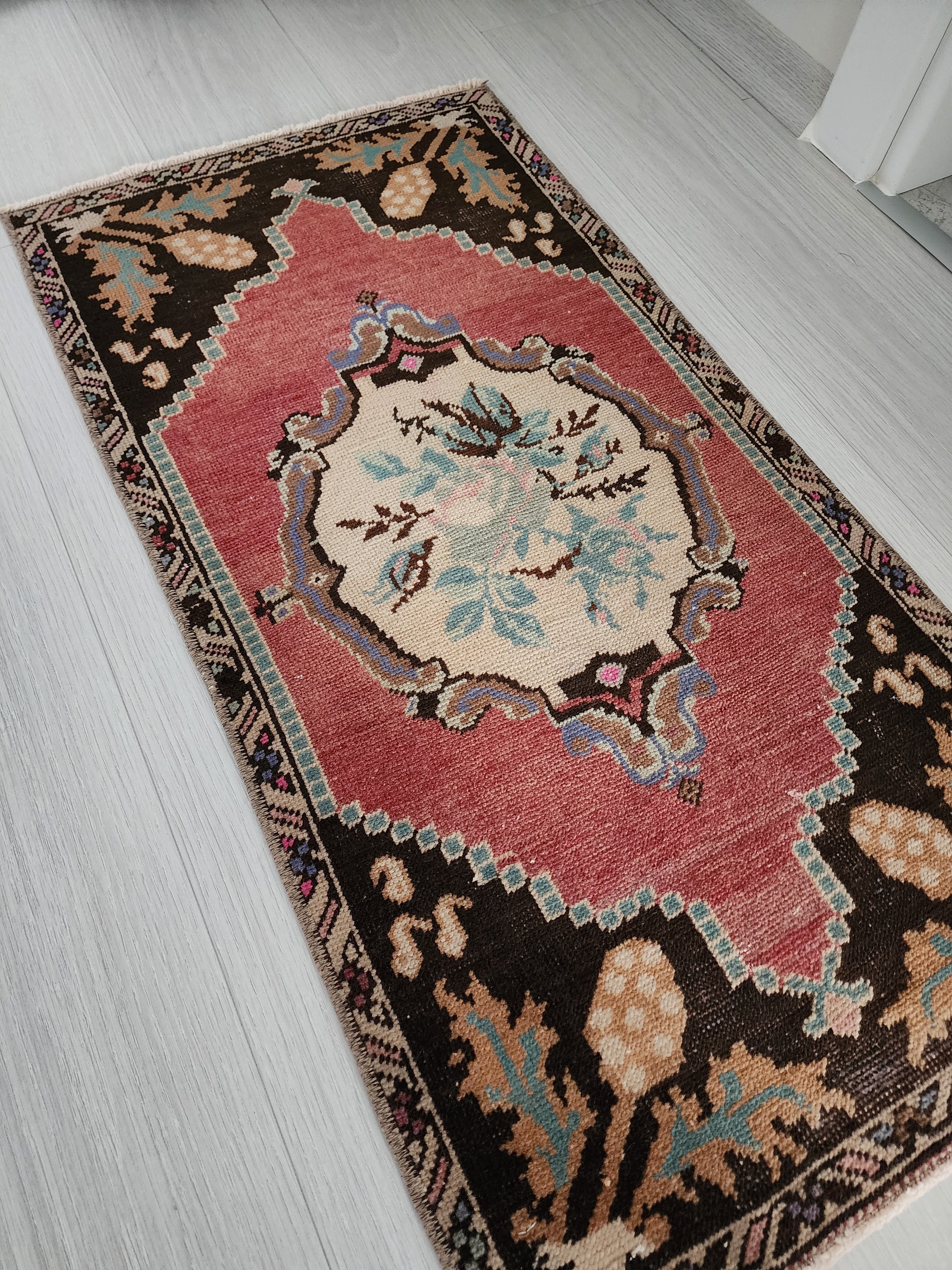 Vintage Turkish Small Rug, 3 ft 1 in x 1 ft 6 in, Red, Brown and Beige Faded Distressed Antique Style Mat