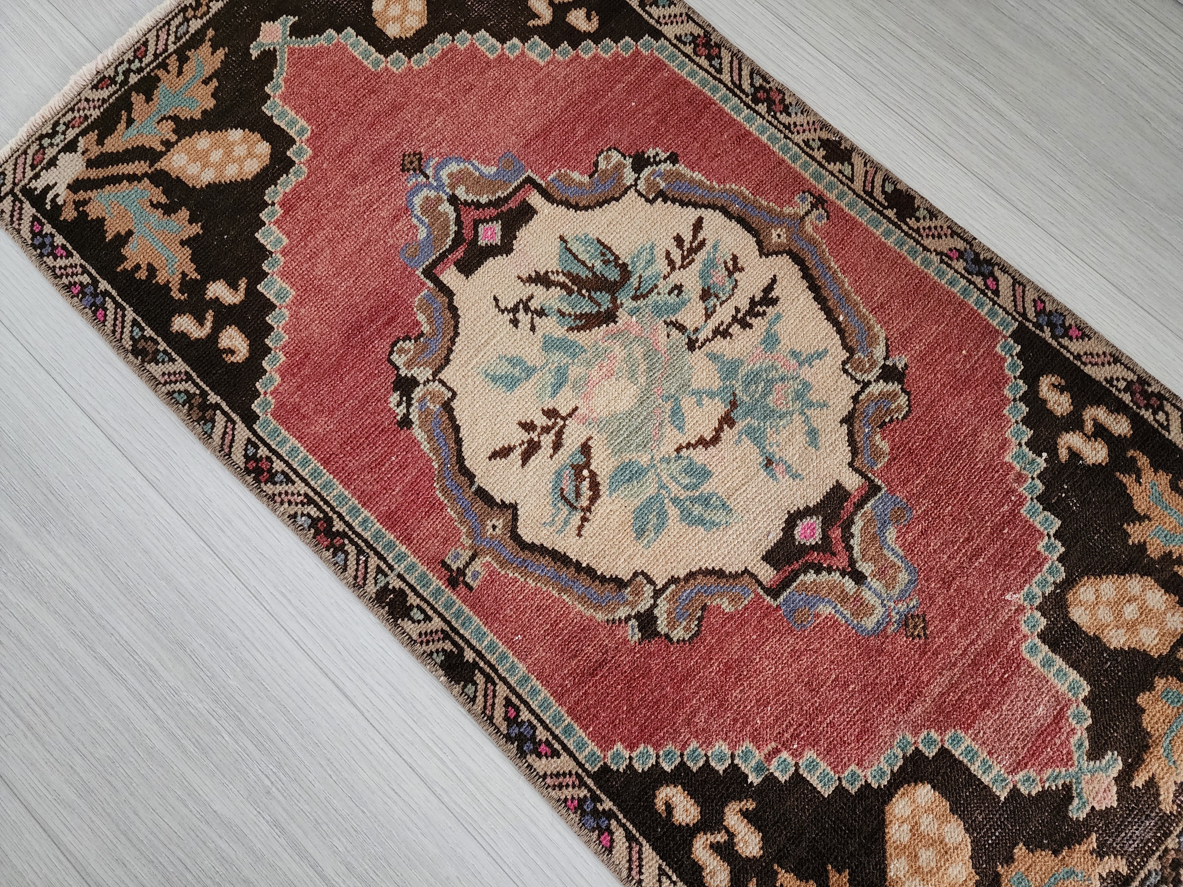 Vintage Turkish Small Rug, 3 ft 1 in x 1 ft 6 in, Red, Brown and Beige Faded Distressed Antique Style Mat