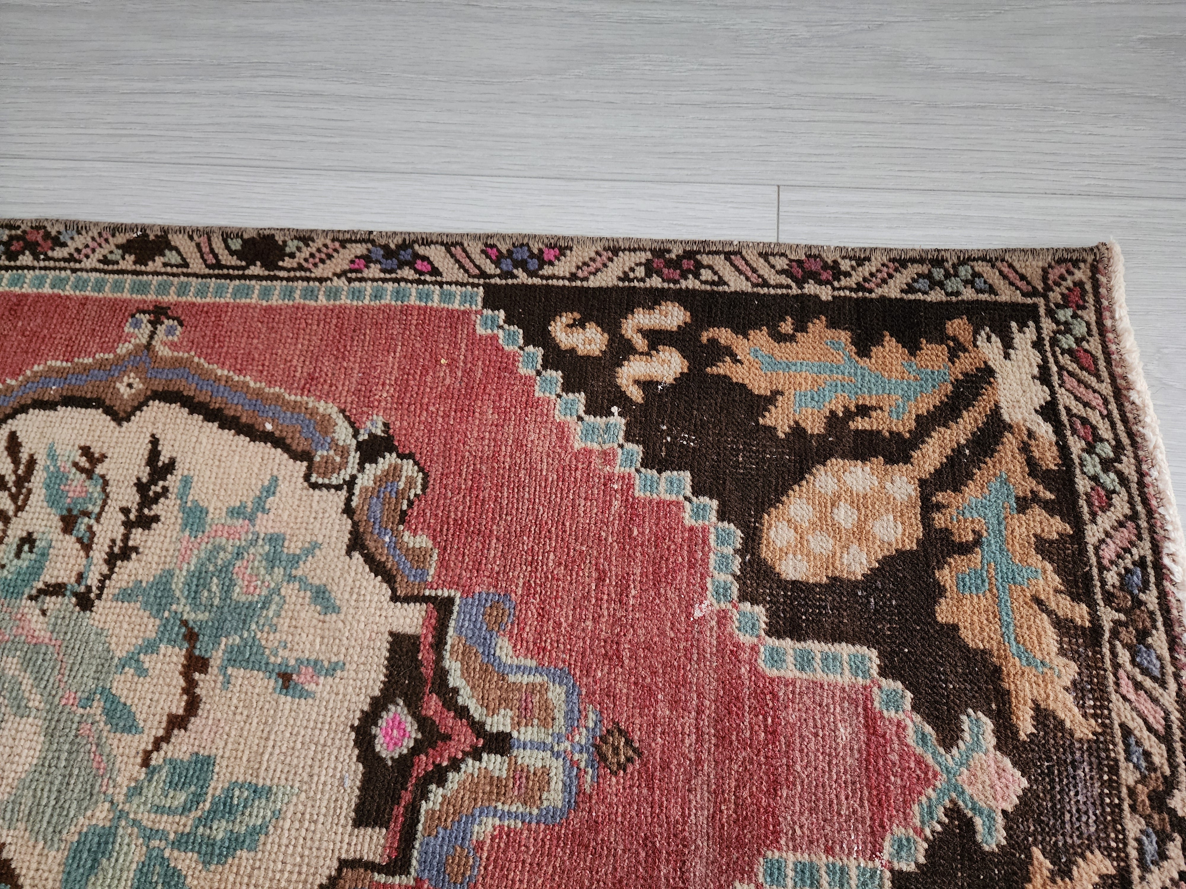 Vintage Turkish Small Rug, 3 ft 1 in x 1 ft 6 in, Red, Brown and Beige Faded Distressed Antique Style Mat