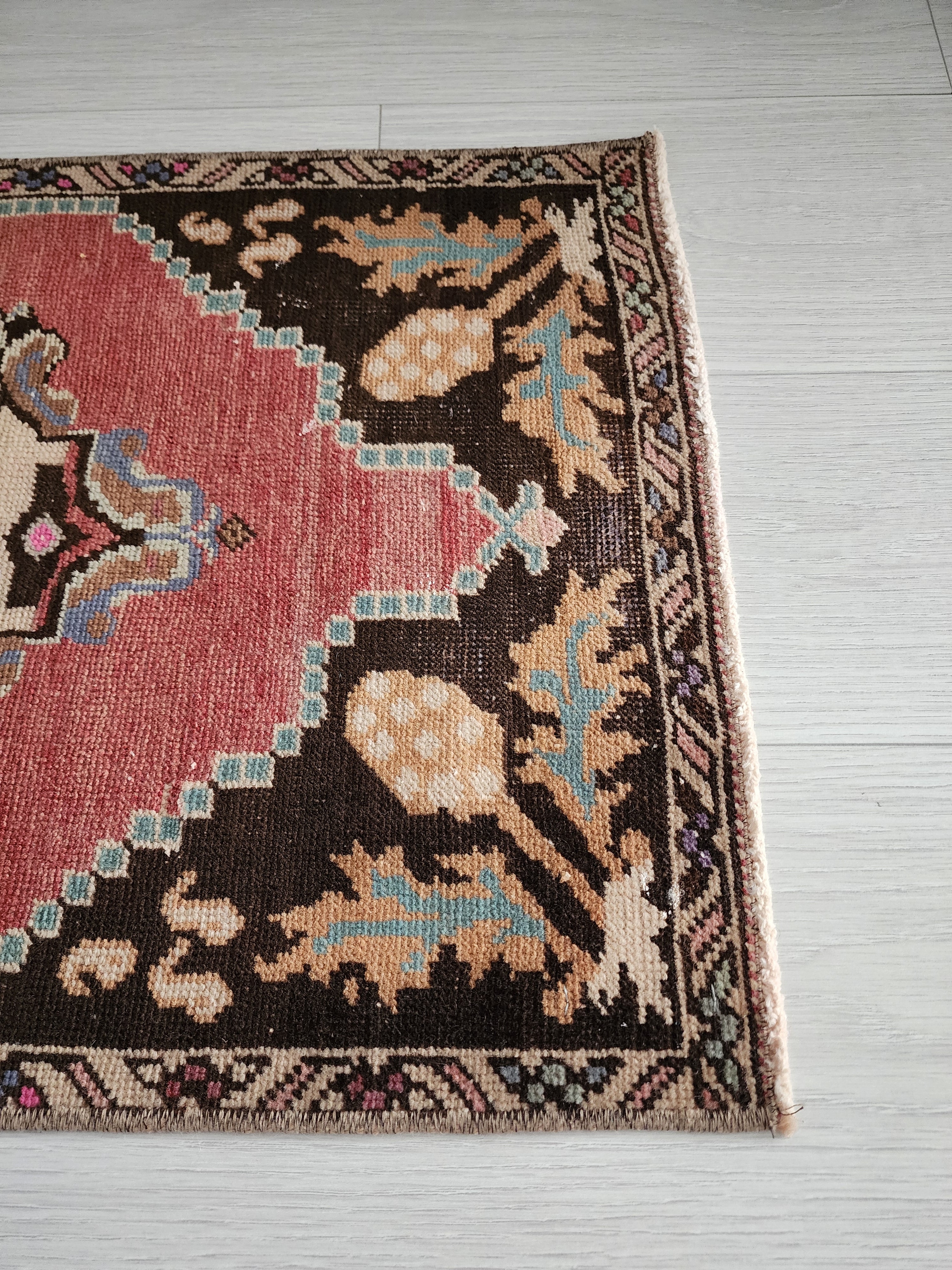 Vintage Turkish Small Rug, 3 ft 1 in x 1 ft 6 in, Red, Brown and Beige Faded Distressed Antique Style Mat