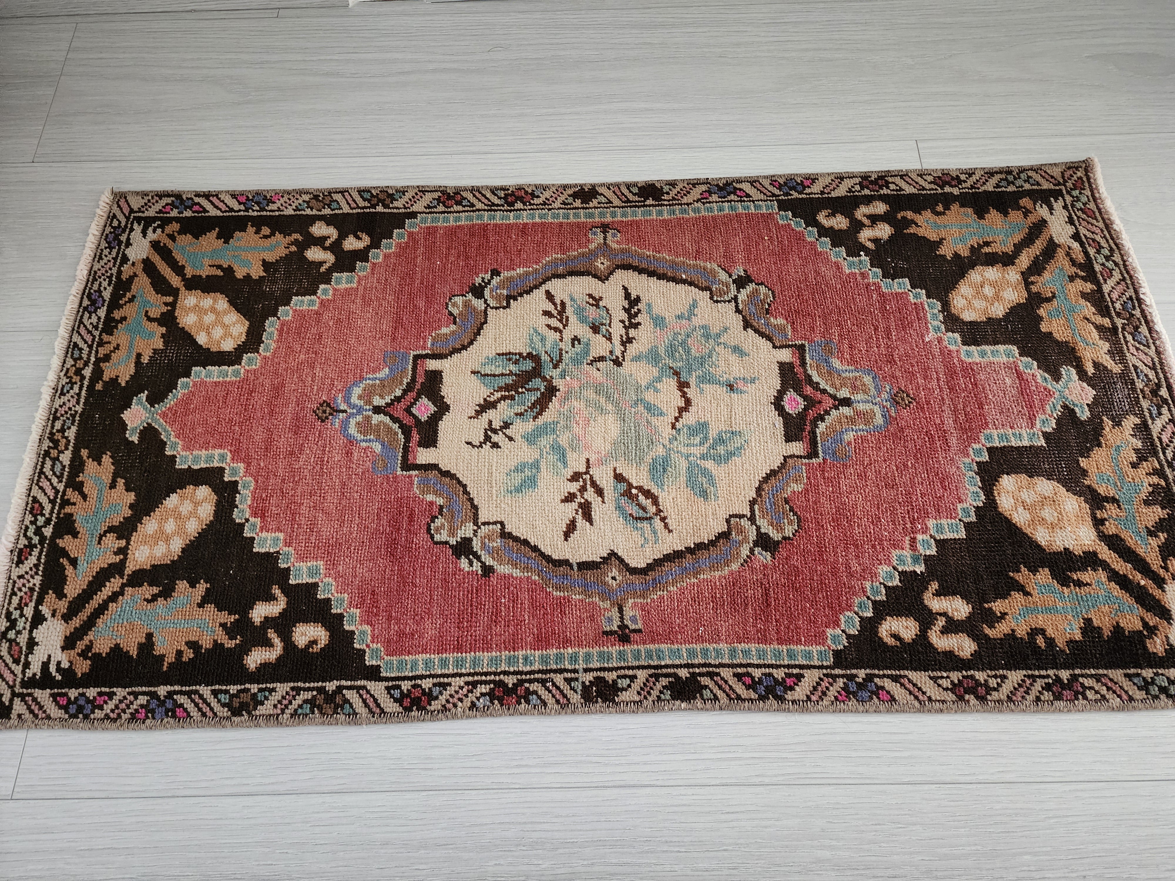 Vintage Turkish Small Rug, 3 ft 1 in x 1 ft 6 in, Red, Brown and Beige Faded Distressed Antique Style Mat