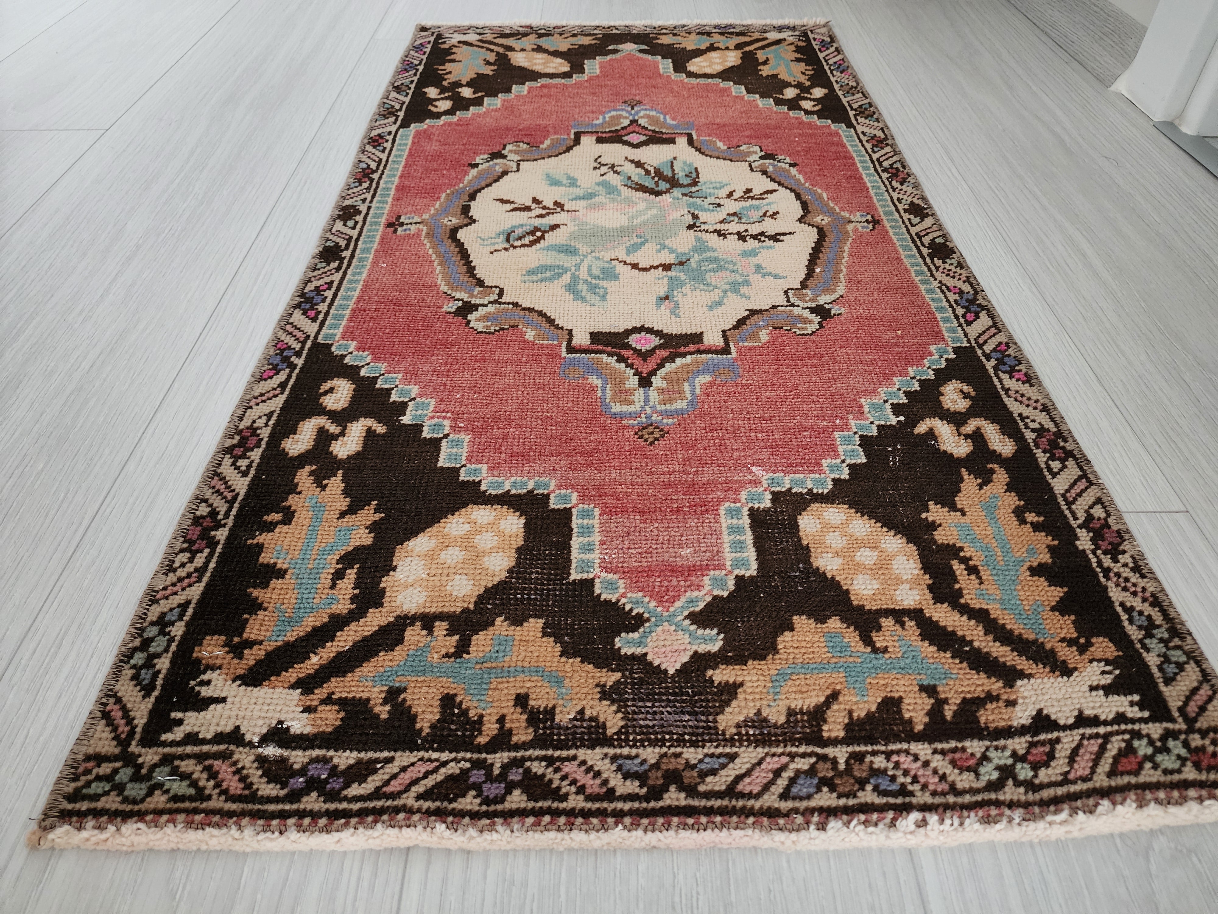 Vintage Turkish Small Rug, 3 ft 1 in x 1 ft 6 in, Red, Brown and Beige Faded Distressed Antique Style Mat