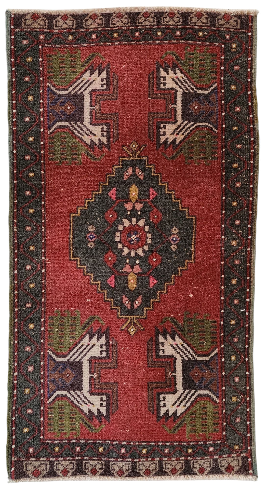 Vintage Turkish Small Rug, 3 ft 3 in x 1 ft 8 in, Pink, Green/Grey and Beige Faded Distressed Antique Style Mat
