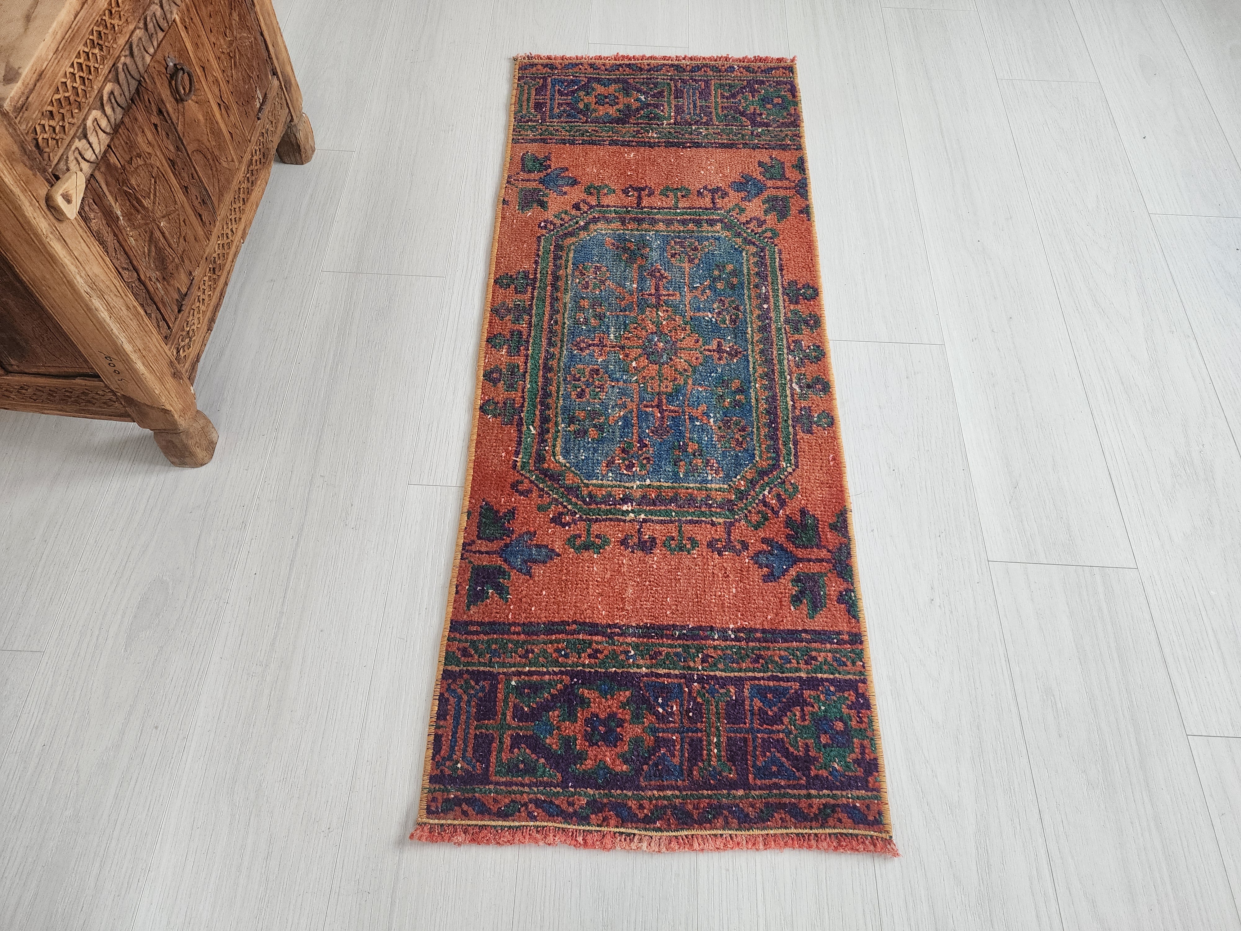 Small Turkish Rug, 4 ft 4 in x 1 ft 7 in, Apricot Orange and Teal Green / Grey Vintage Faded Distressed Door Mat