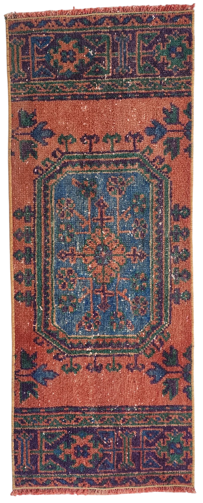 Small Turkish Rug, 4 ft 4 in x 1 ft 7 in, Apricot Orange and Teal Green / Grey Vintage Faded Distressed Door Mat